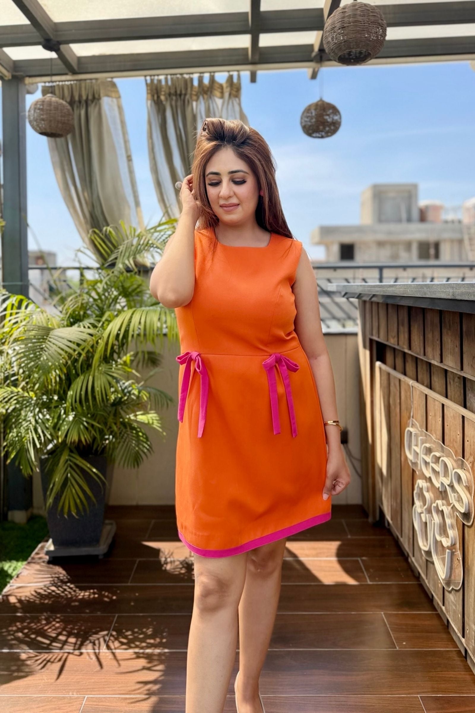 Orange Pink Bow Detail Short Dress