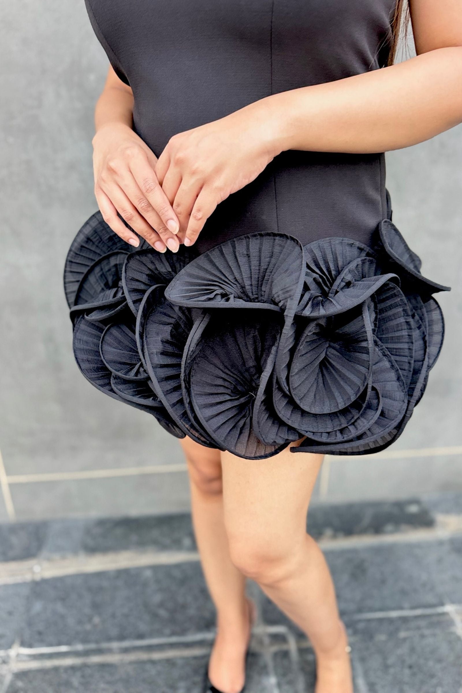 Black Halter Pleated Ruffle Short Dress