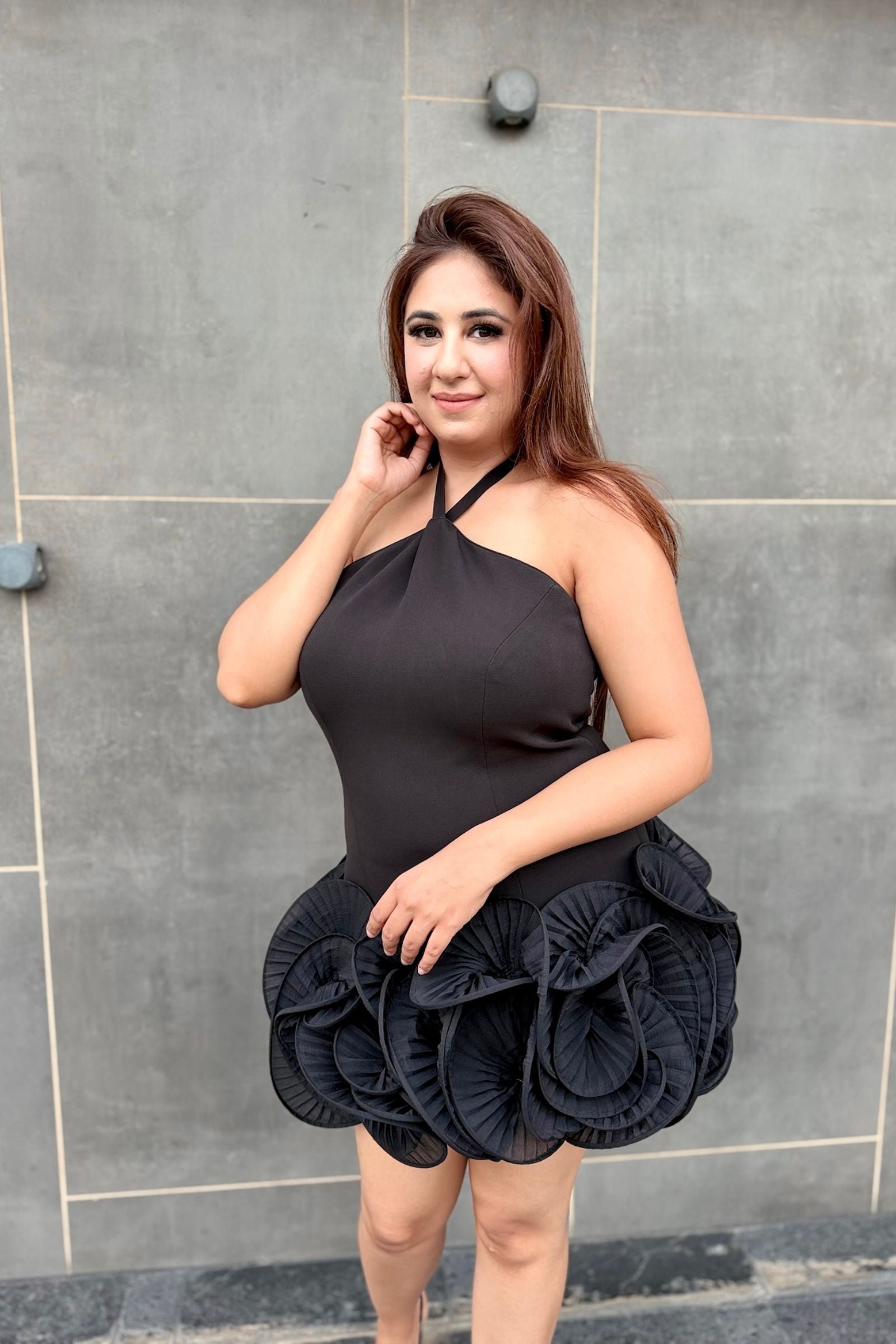 Black Halter Pleated Ruffle Short Dress