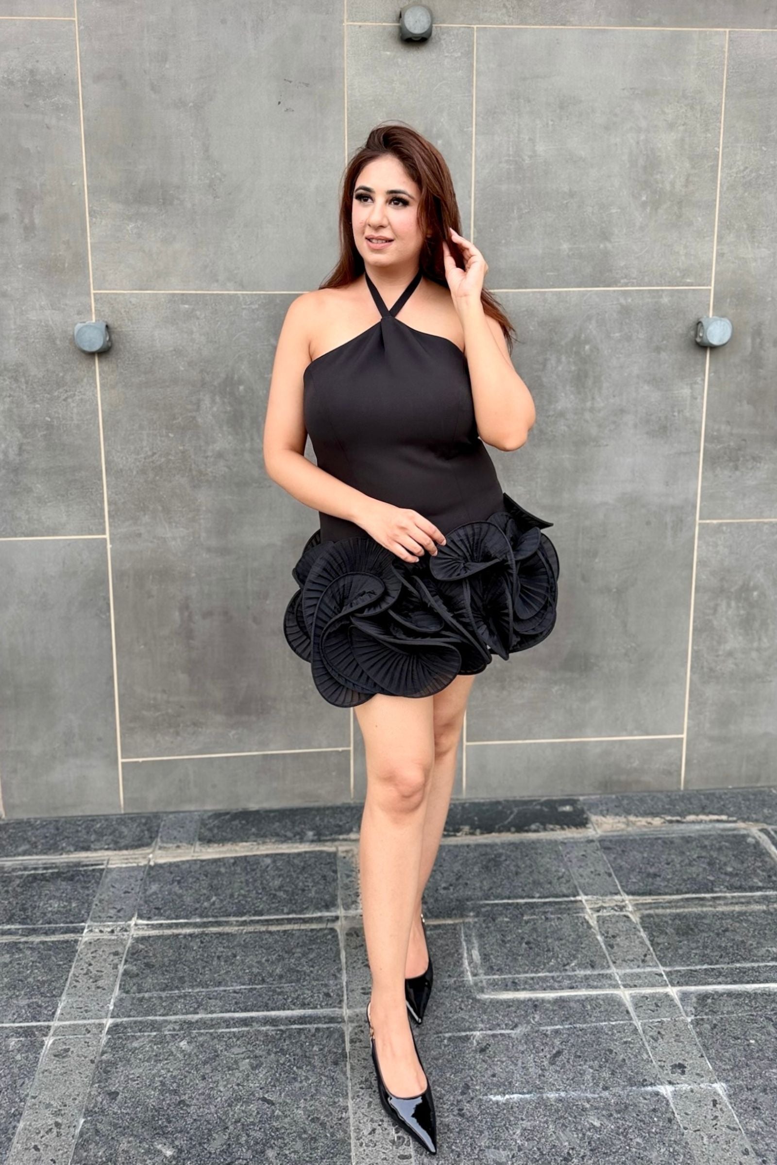 Black Halter Pleated Ruffle Short Dress