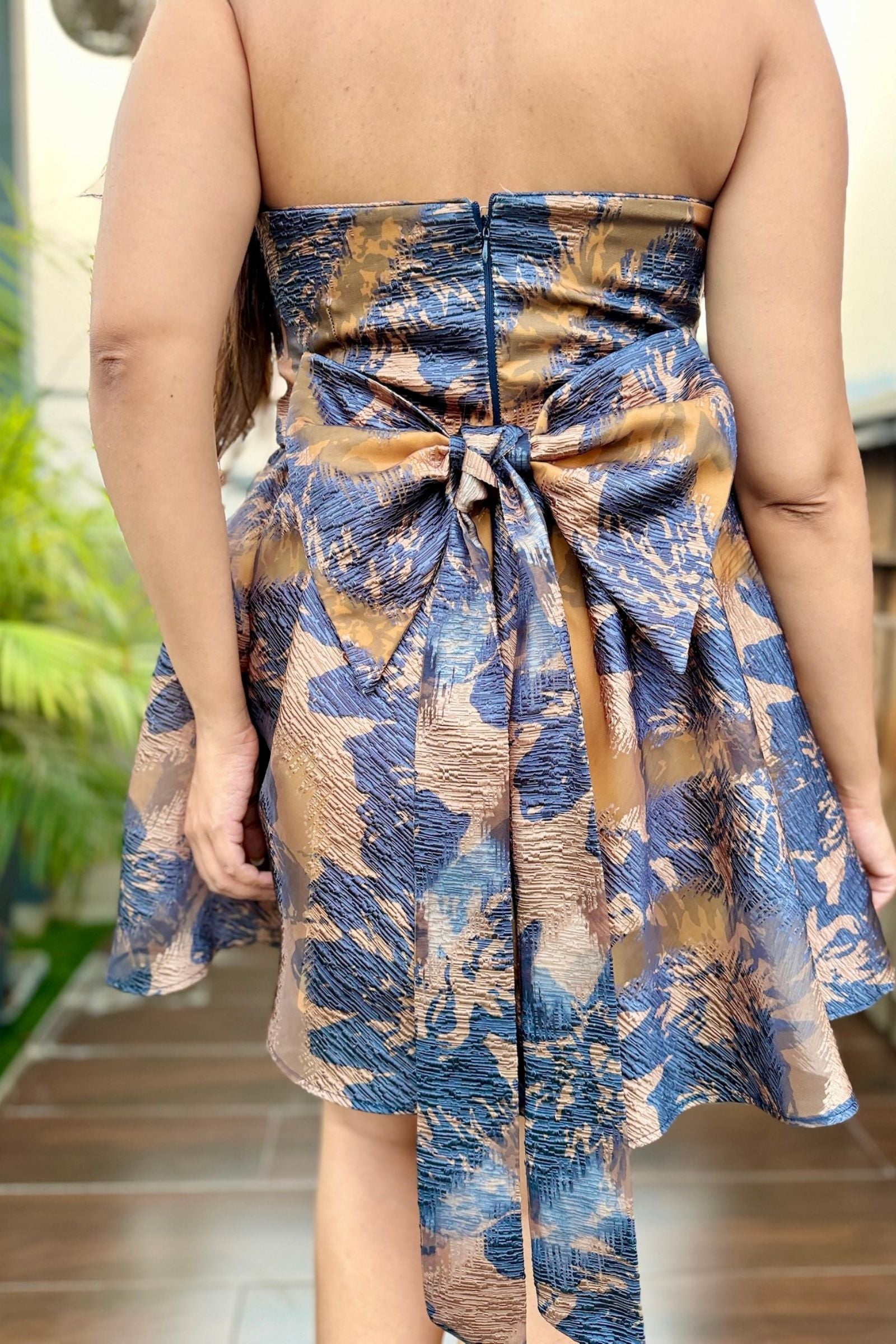 Blue and Gold Brocade Strapless Short Dress