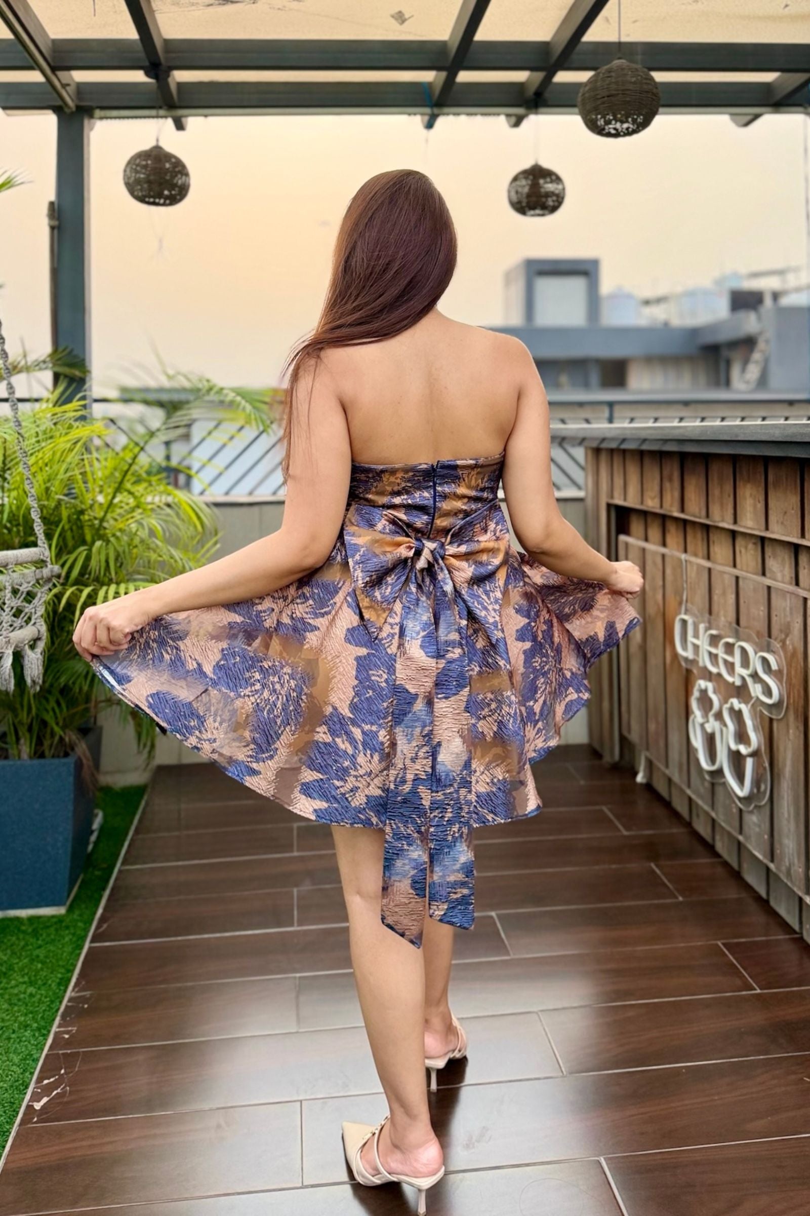Blue and Gold Brocade Strapless Short Dress