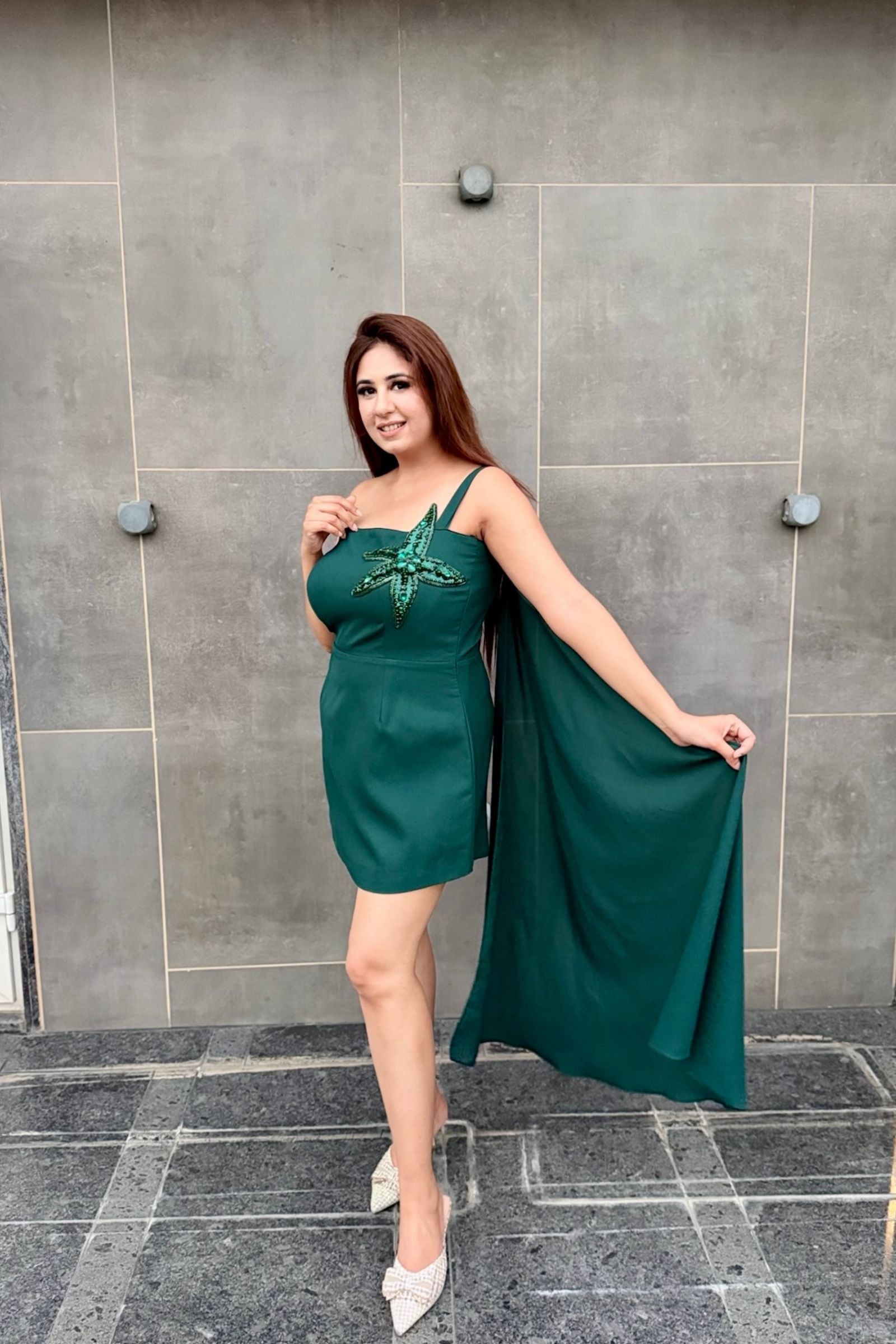 Dark Green Starfish Applique Short Dress