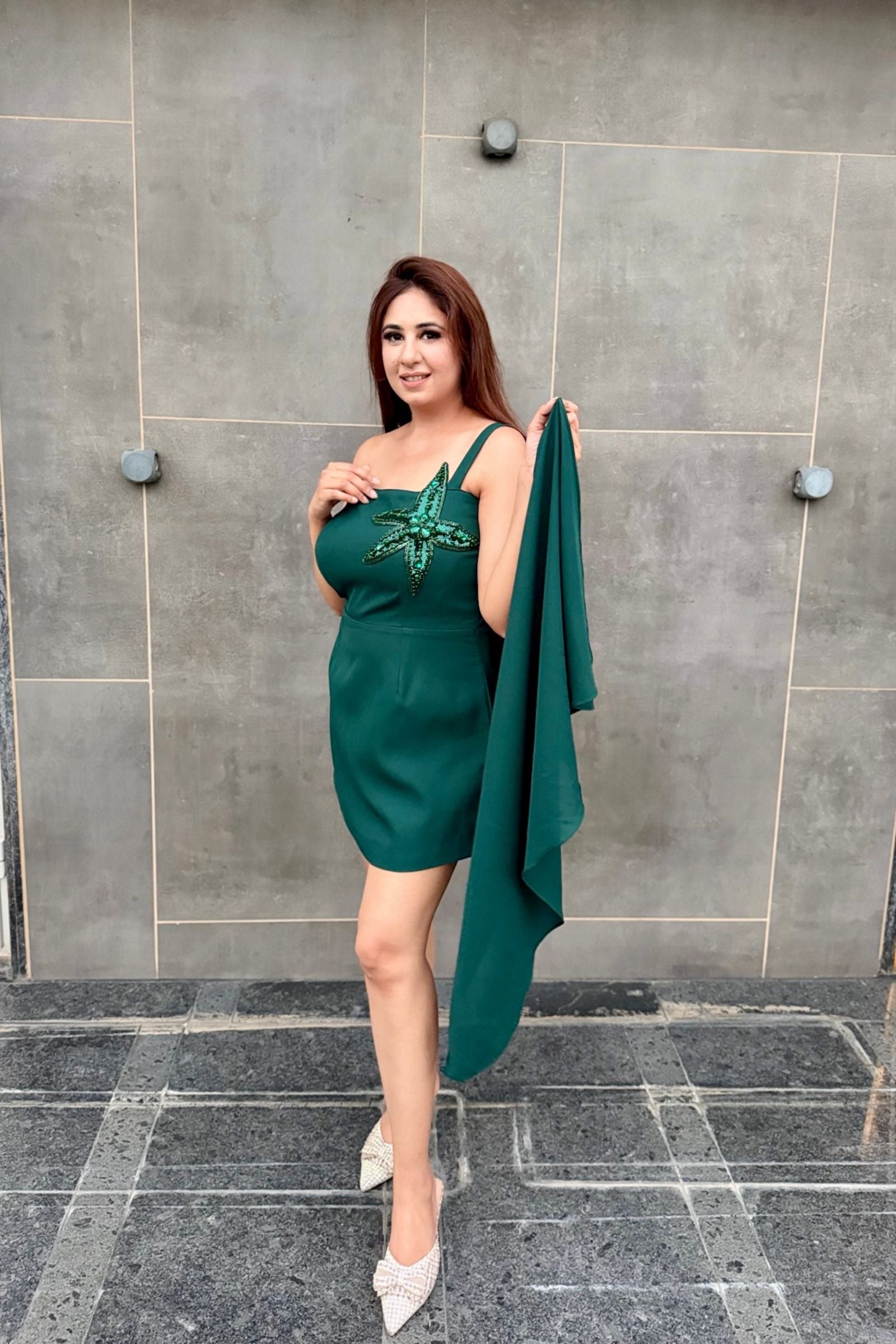 Dark Green Starfish Applique Short Dress