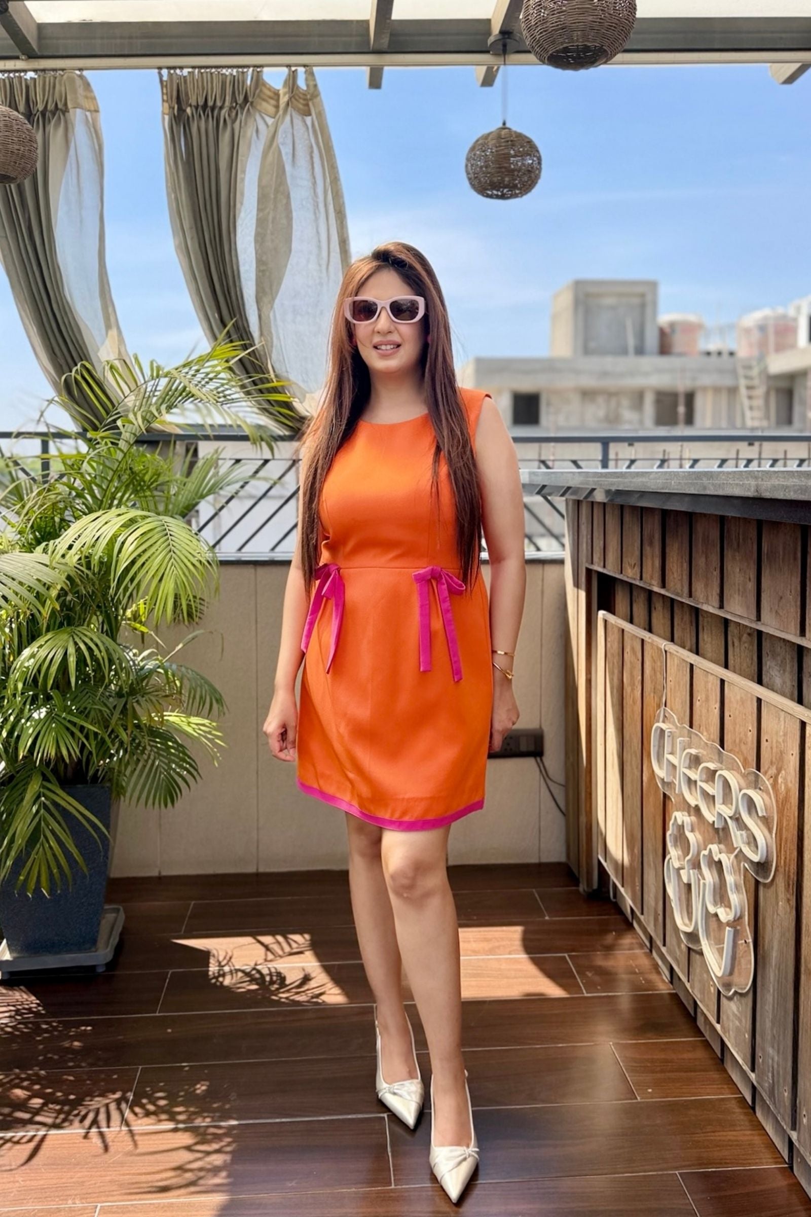 Orange Pink Bow Detail Short Dress
