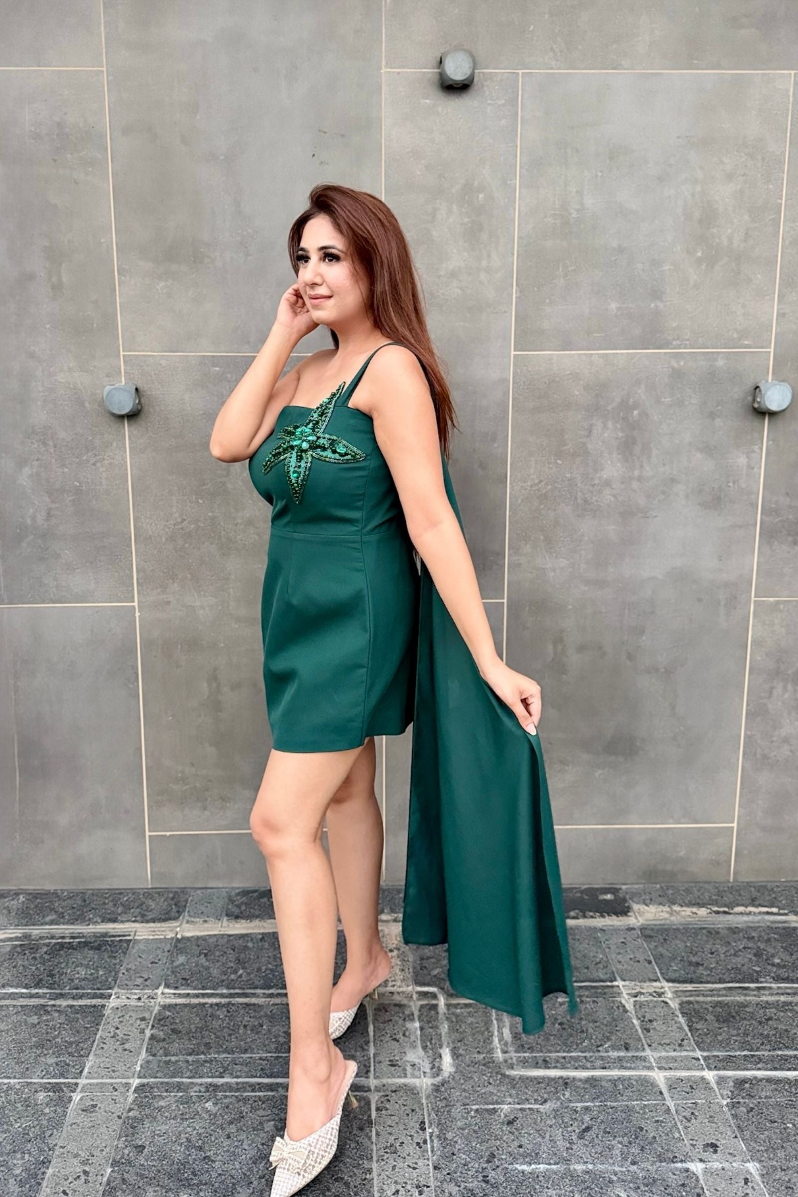 Dark Green Starfish Applique Short Dress