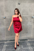 Maroon One-Shoulder Rose Short Dress