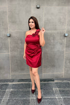 Maroon One-Shoulder Rose Short Dress