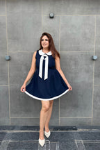 Navy Blue Collared Bow Short Dress