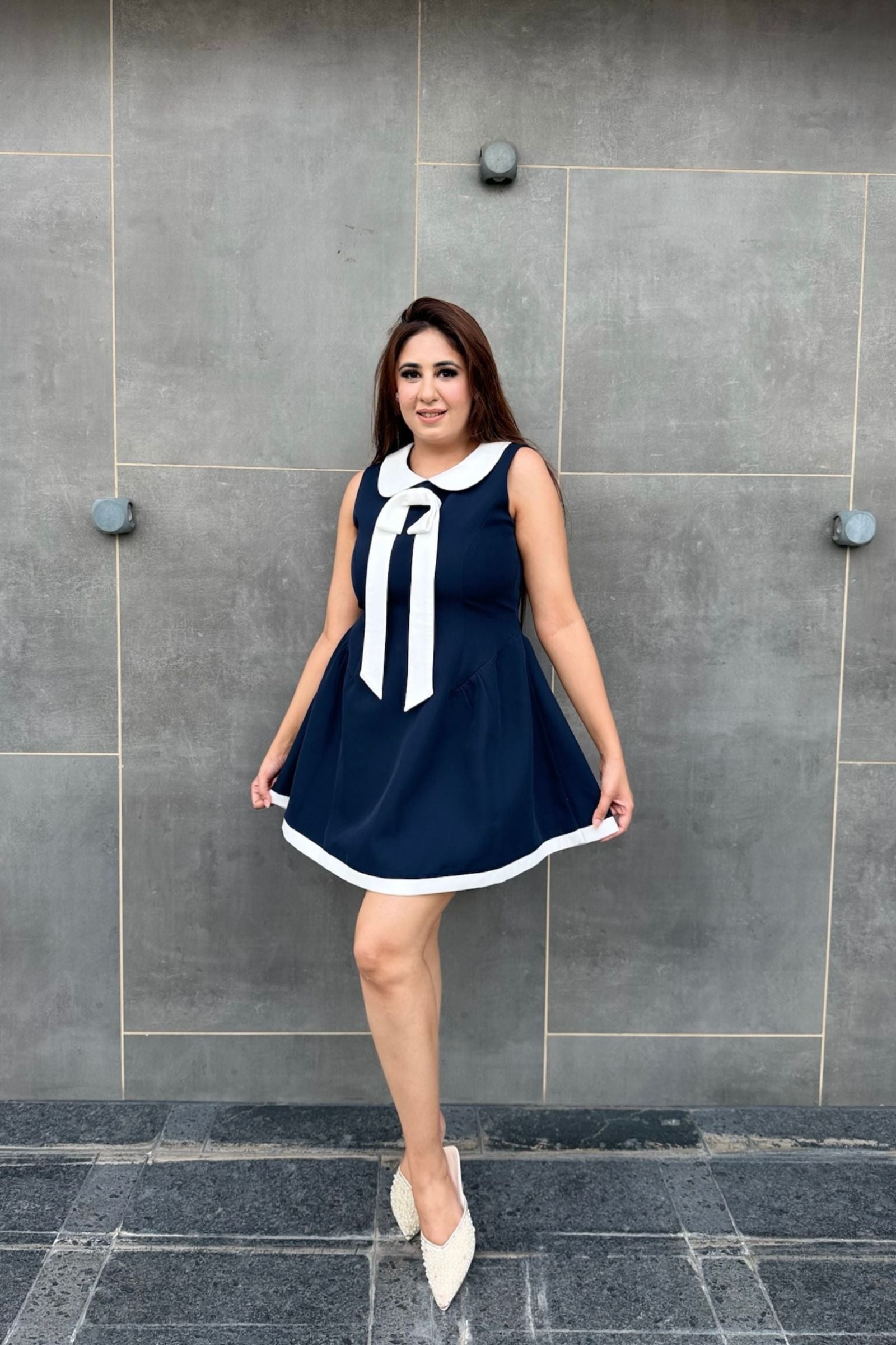 Navy Blue Collared Bow Short Dress