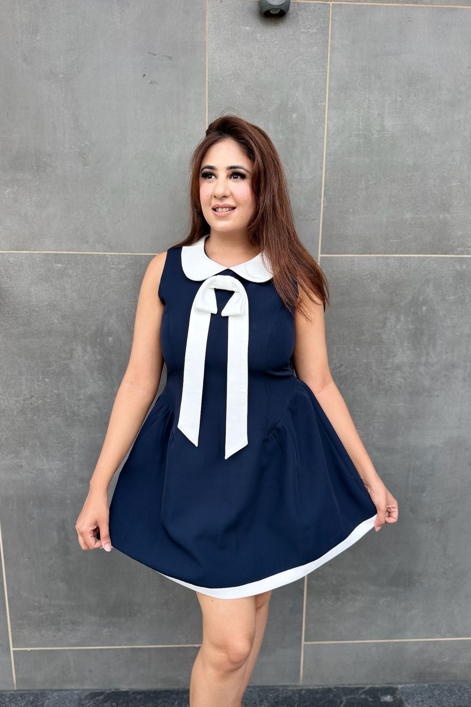 Navy Blue Collared Bow Short Dress
