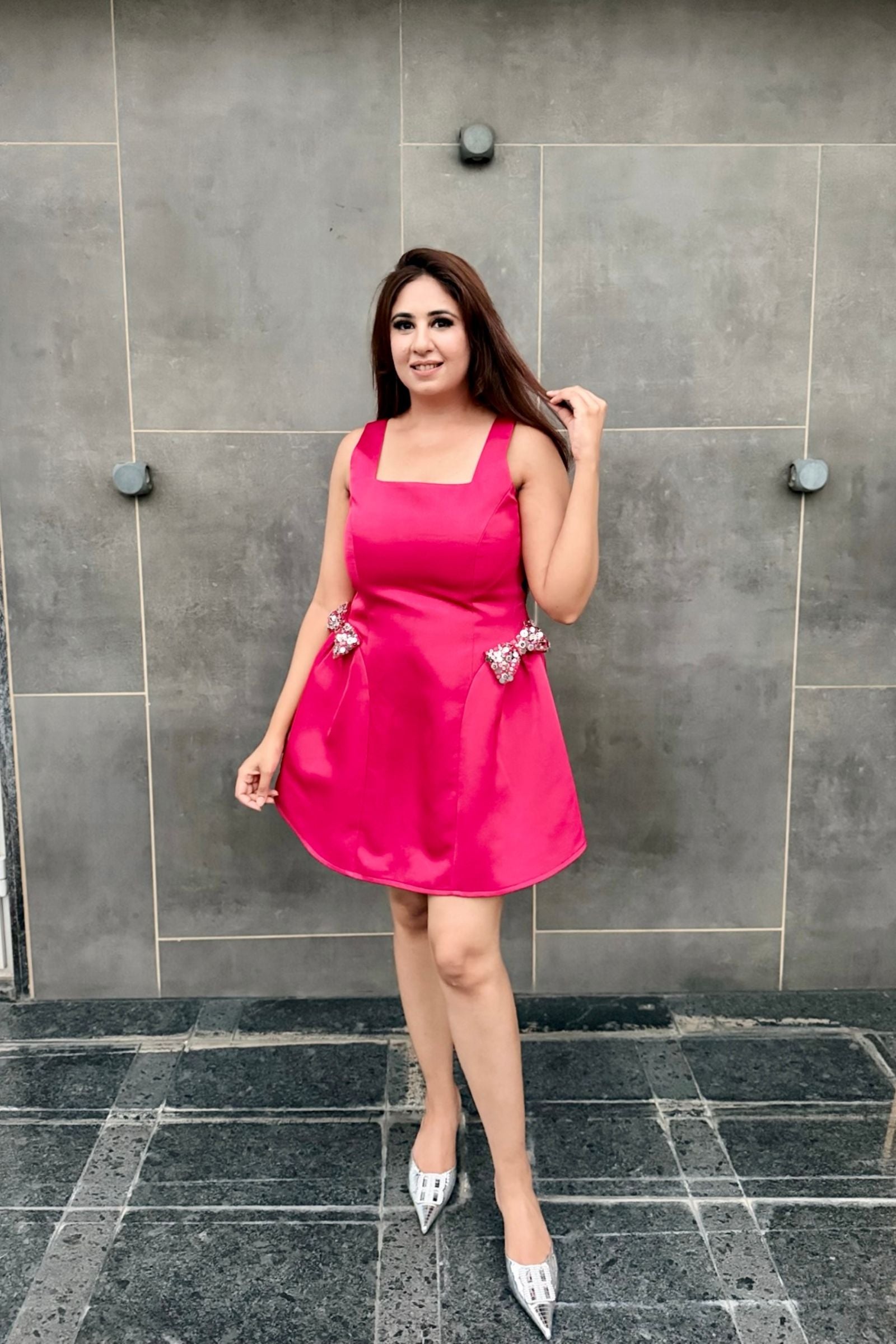 Hot Pink Square Neck Bow Short Dress