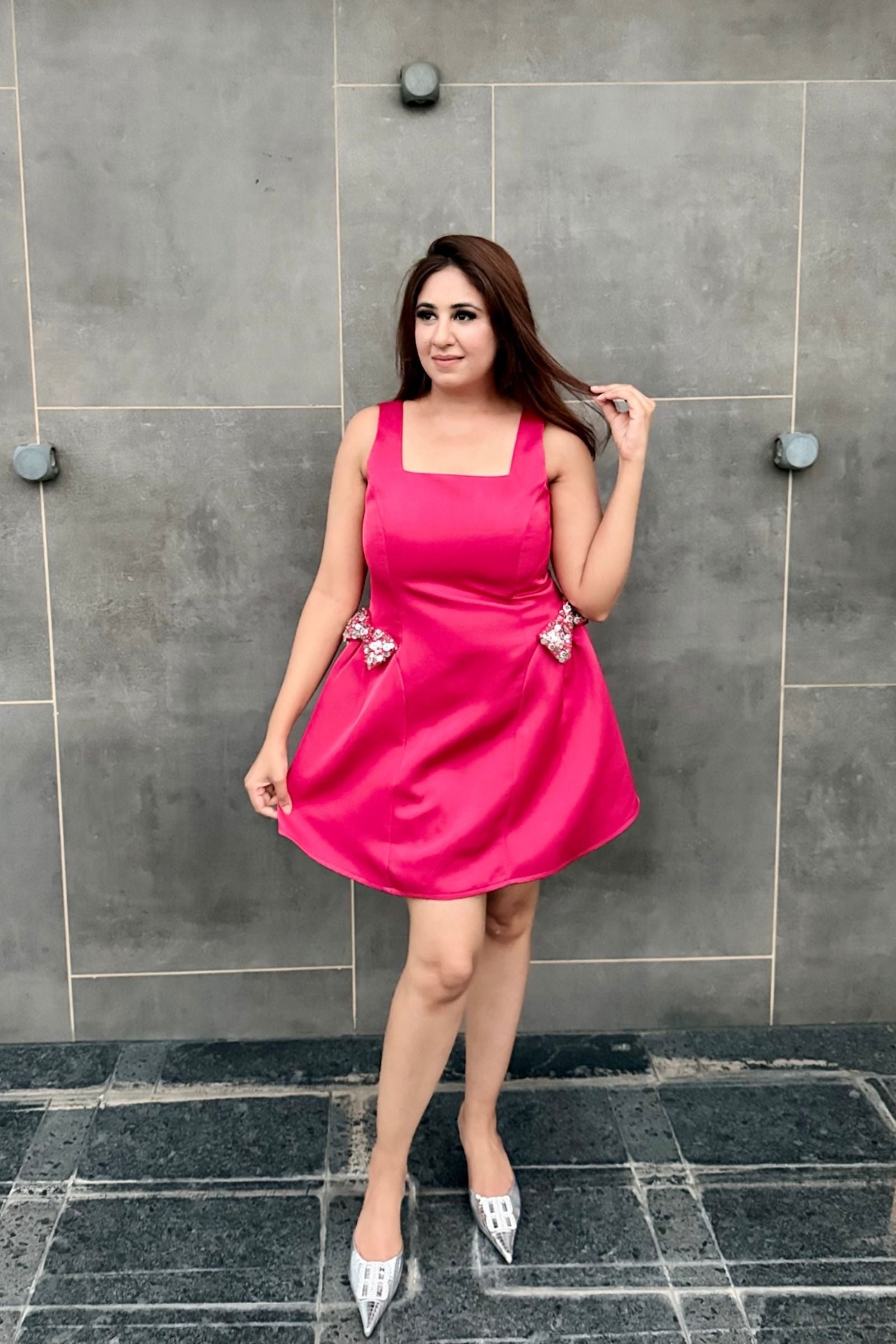 Hot Pink Square Neck Bow Short Dress