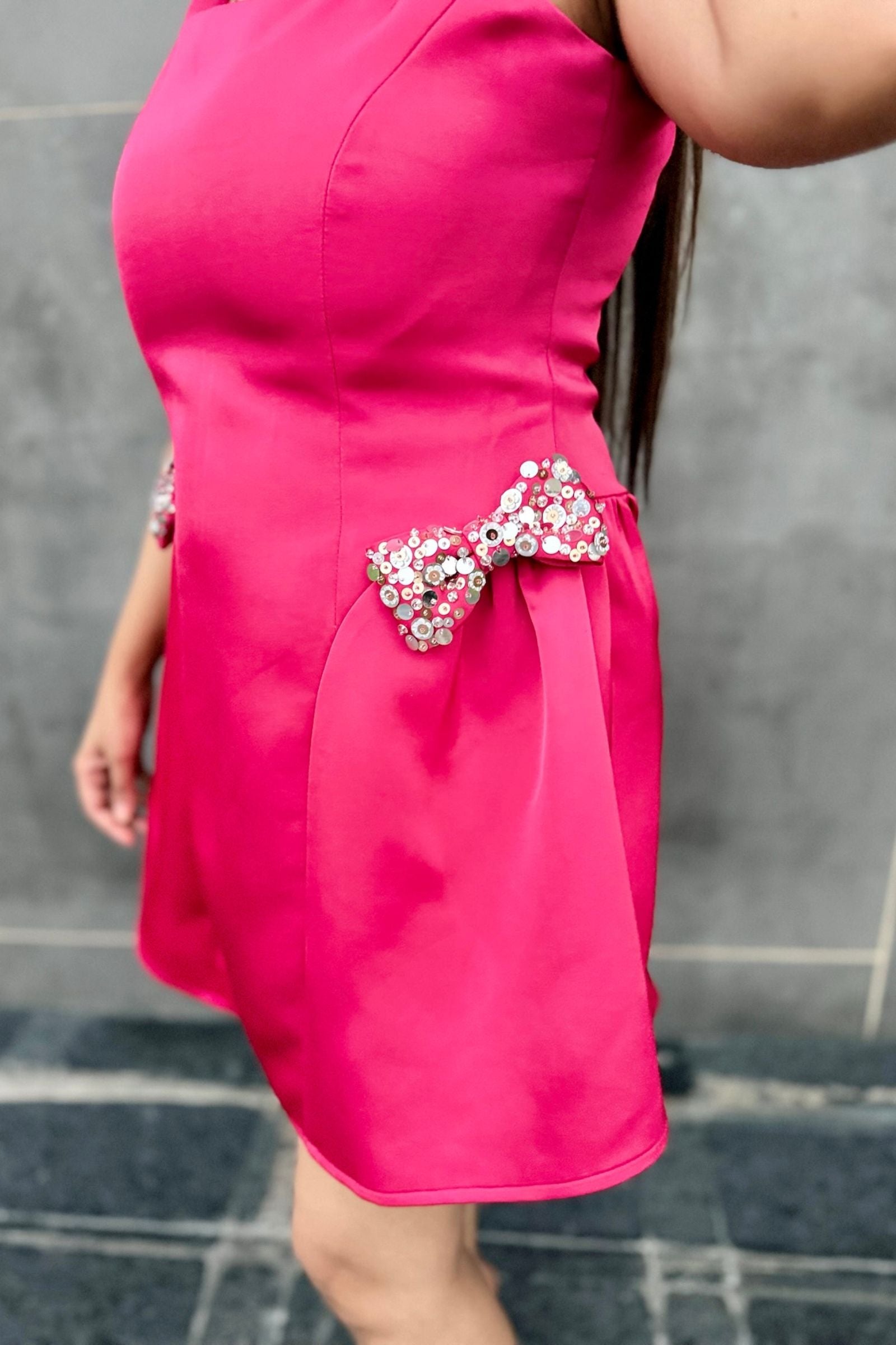 Hot Pink Square Neck Bow Short Dress