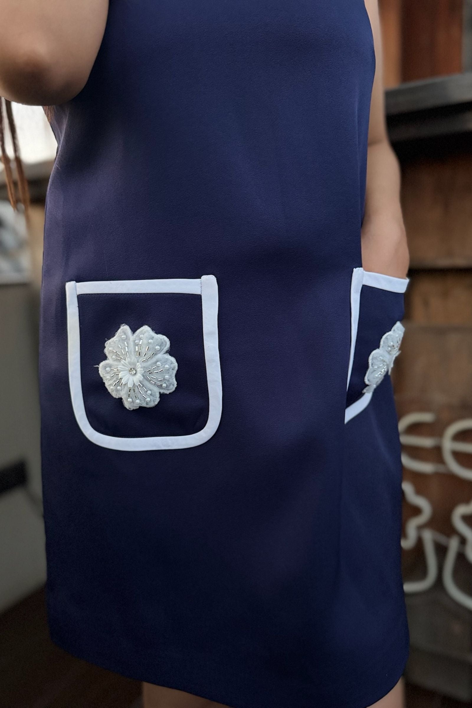 Navy Flower Pocket Short Dress