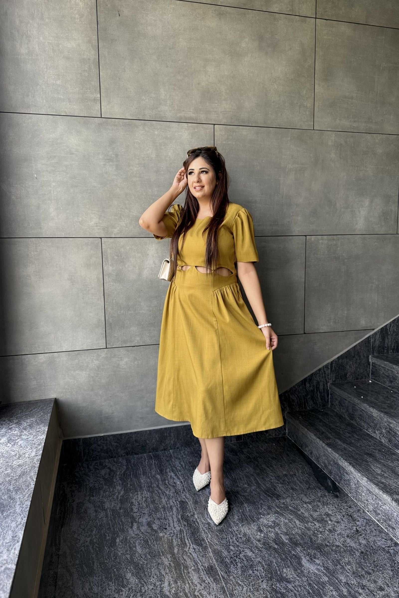 Mustard Cutout Midi Dress