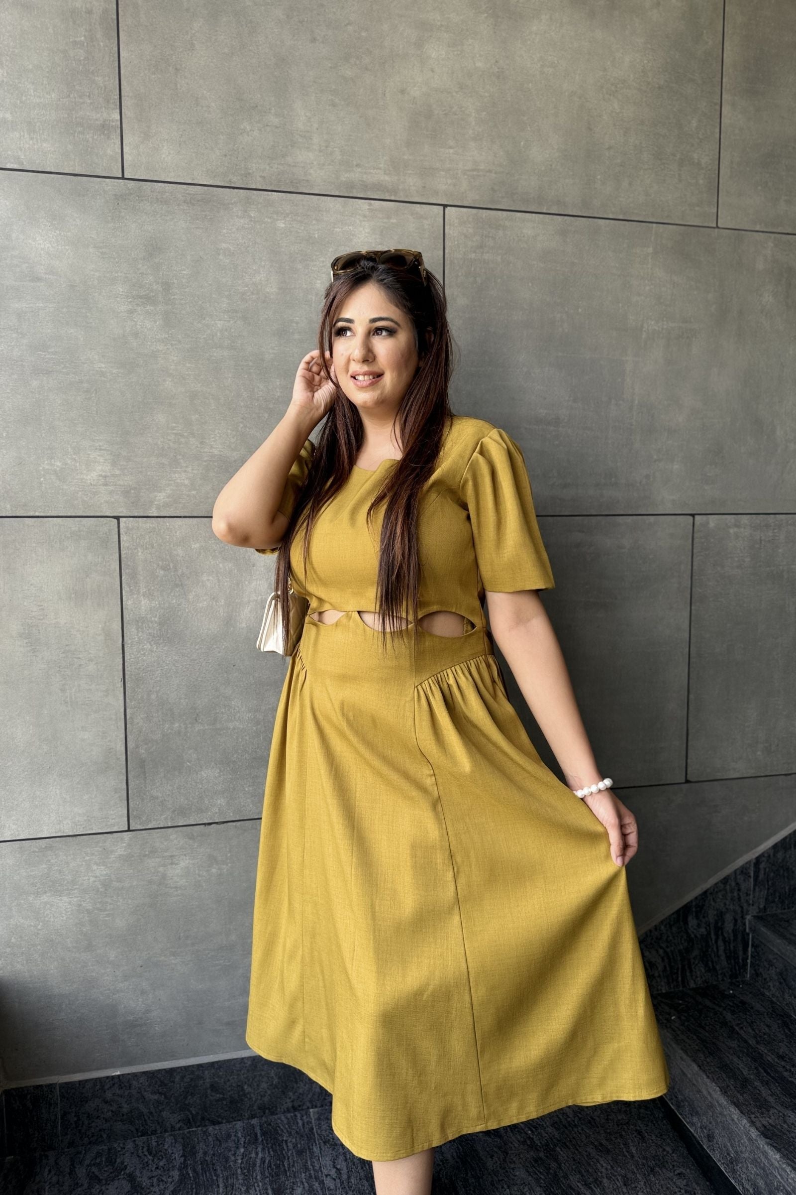 Mustard Cutout Midi Dress