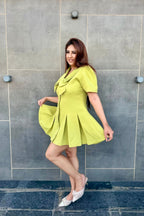 Lime Green Bow Detail Pleated Short Dress
