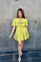Lime Green Bow Detail Pleated Short Dress