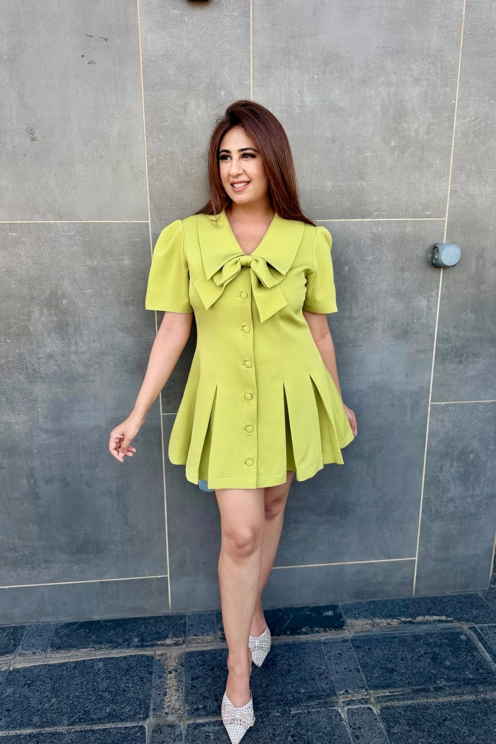 Lime Green Bow Detail Pleated Short Dress