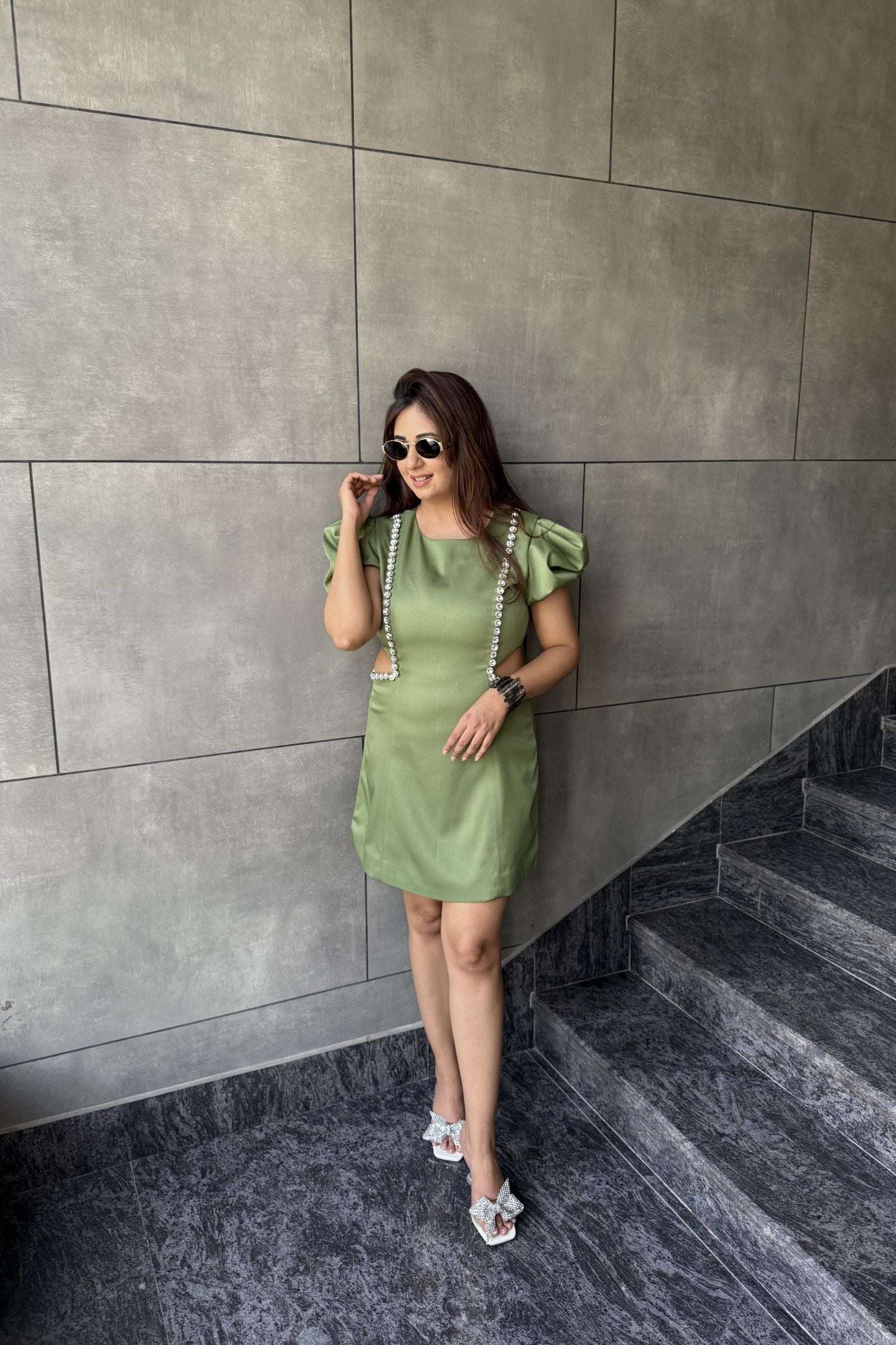 Green Pearl Structured Short Dress