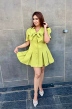 Lime Green Bow Detail Pleated Short Dress