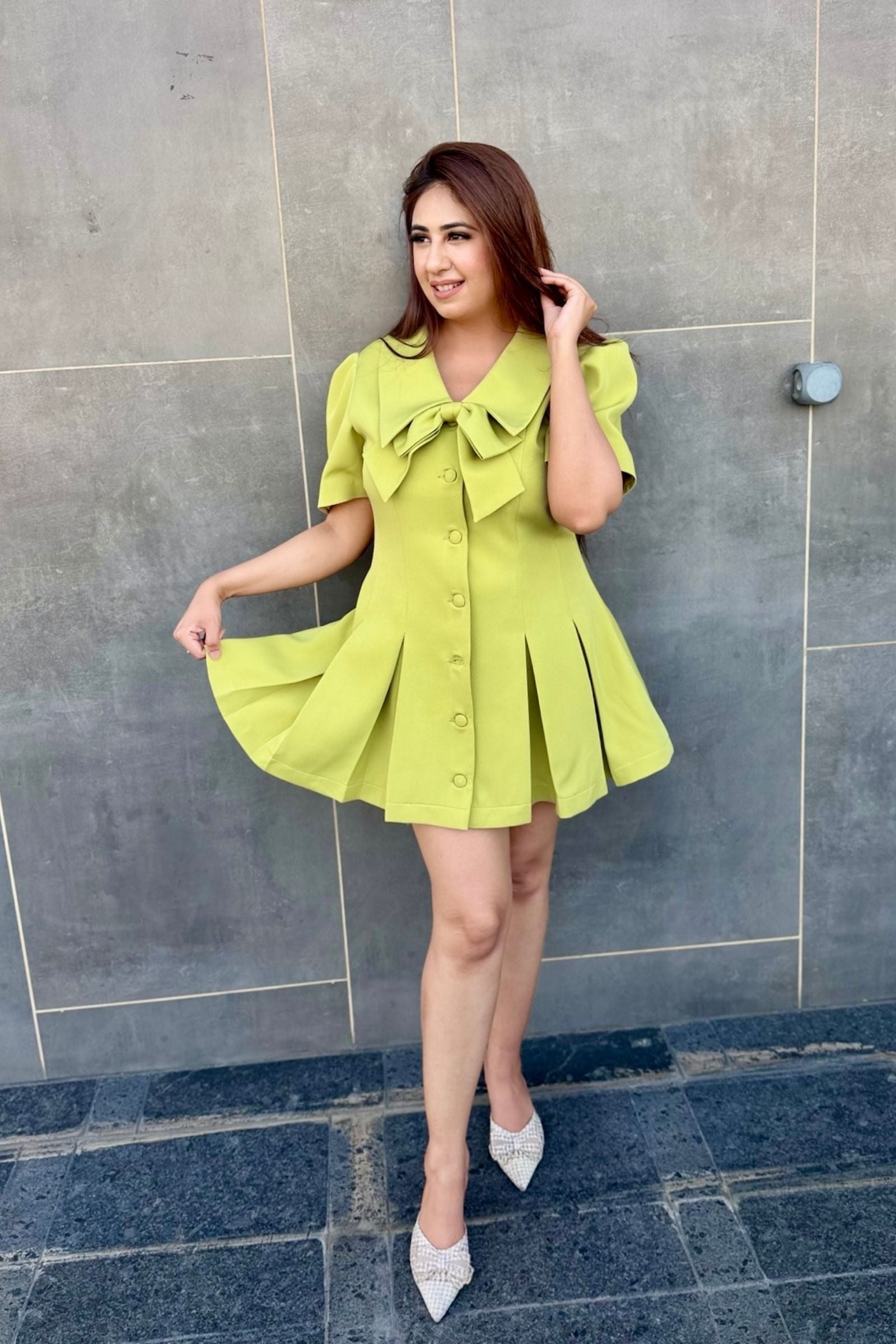 Lime Green Bow Detail Pleated Short Dress