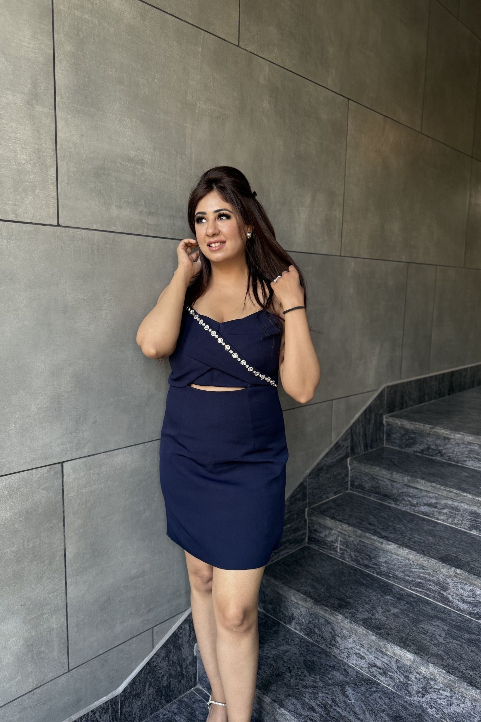 Navy Gem Detail Cut-Out Short Dress