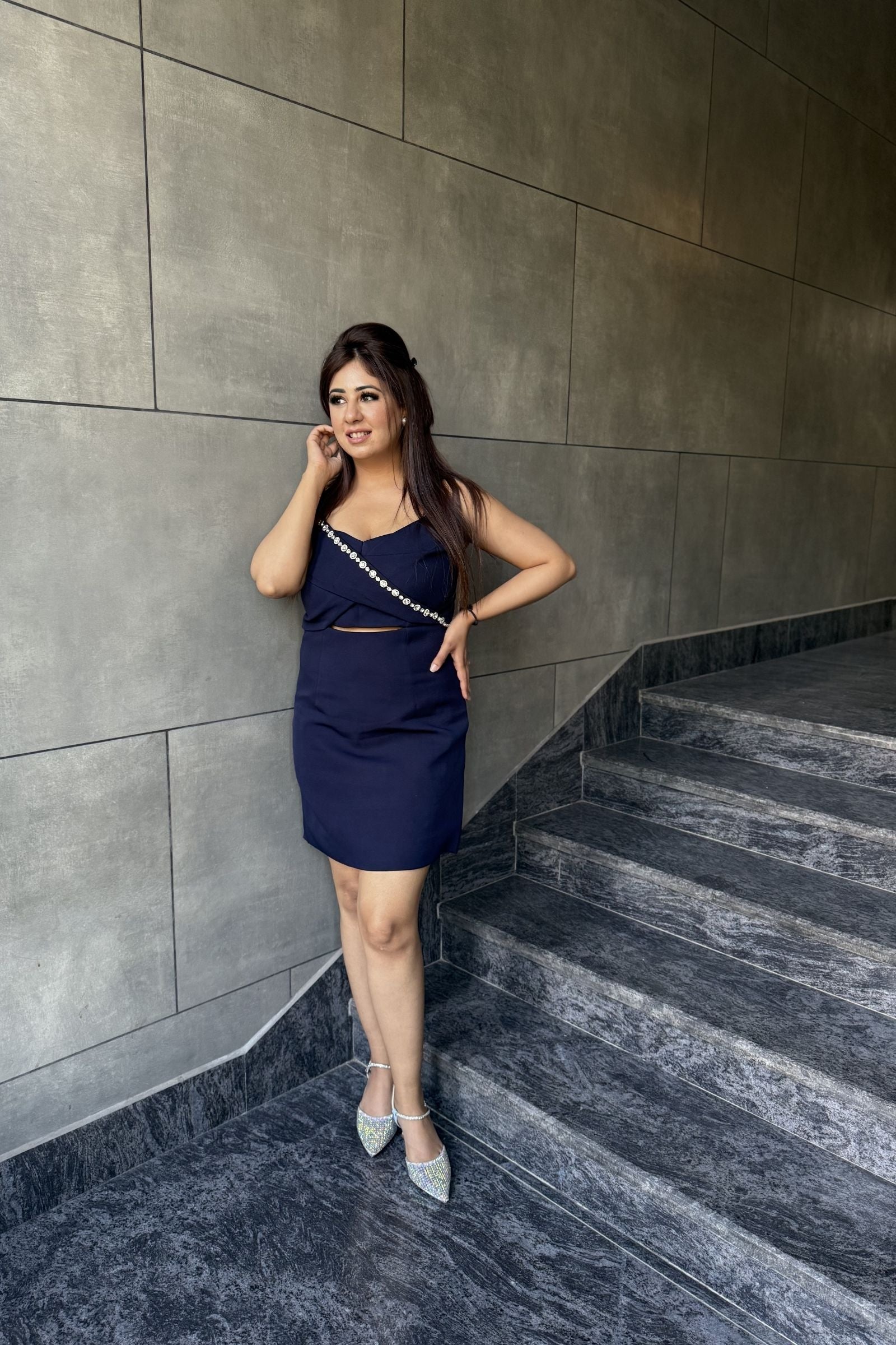 Navy Gem Detail Cut-Out Short Dress