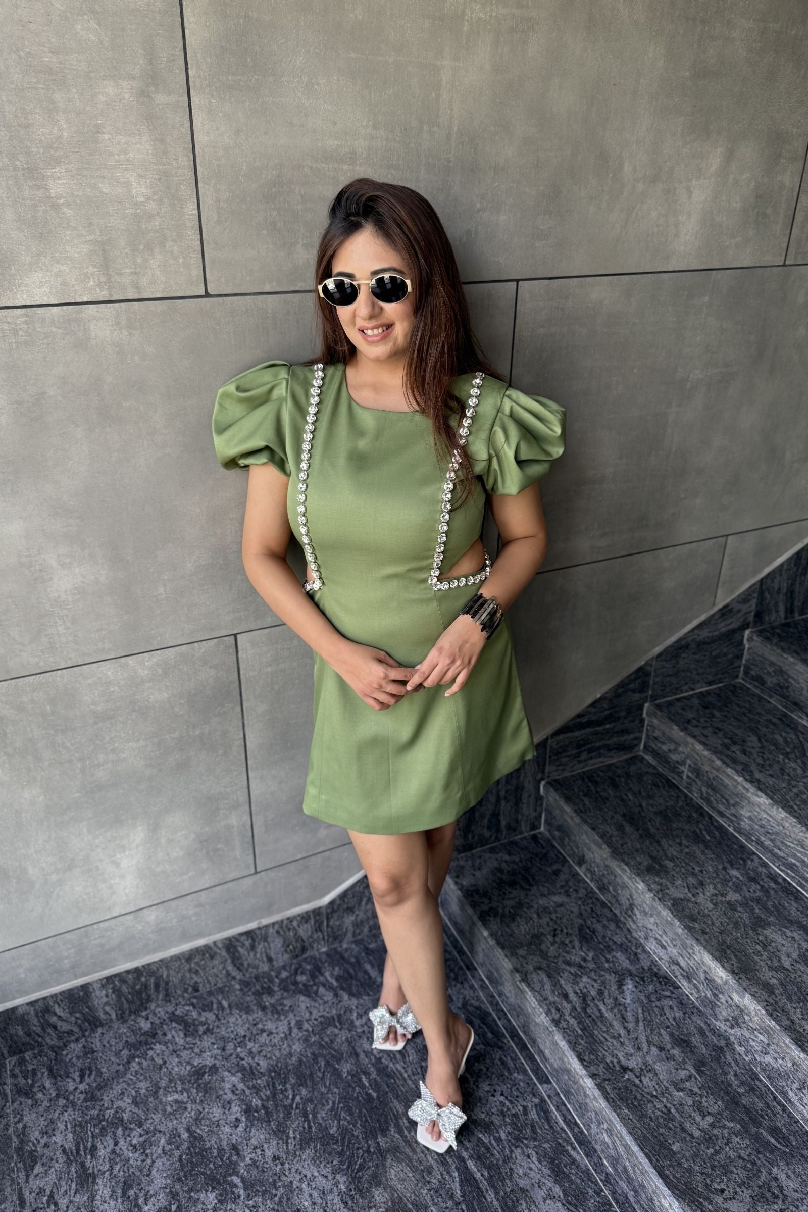 Green Pearl Structured Short Dress