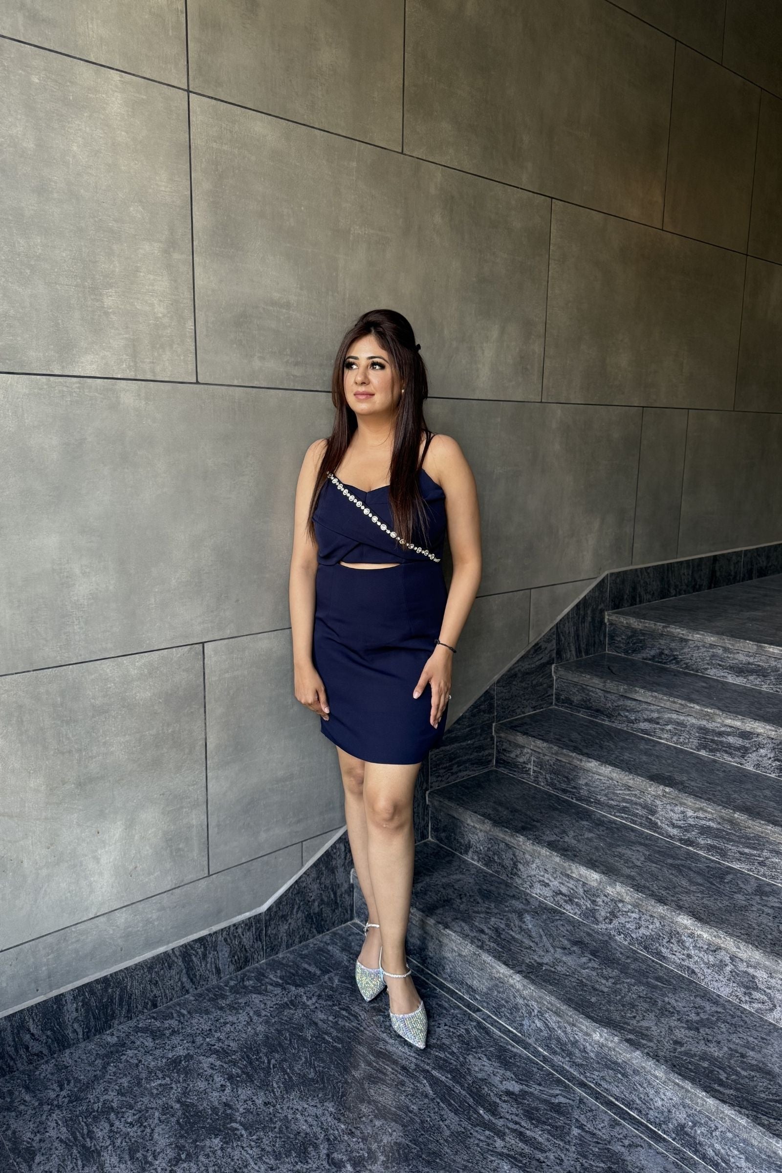 Navy Gem Detail Cut-Out Short Dress