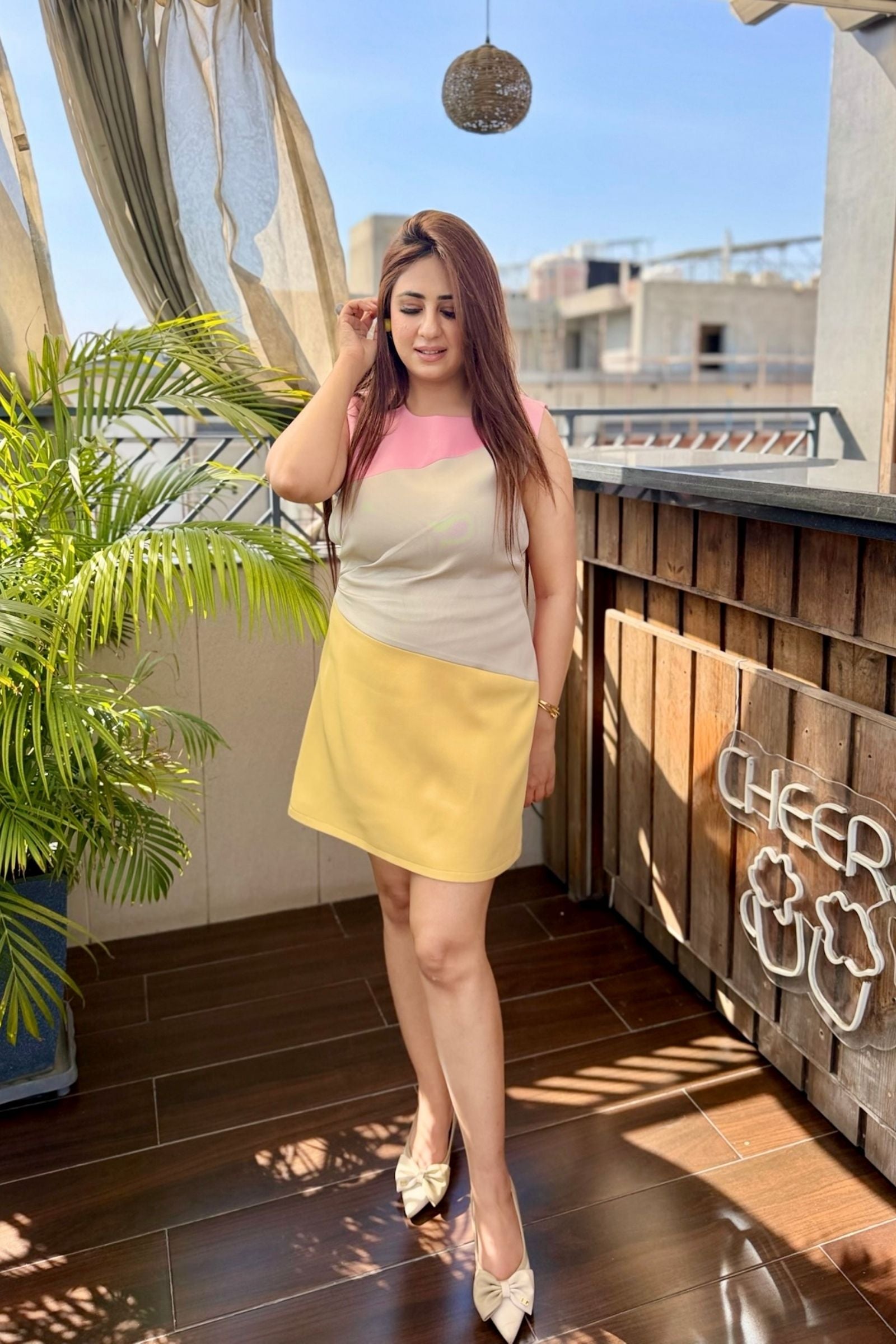 Muticolor Beige Short Dress