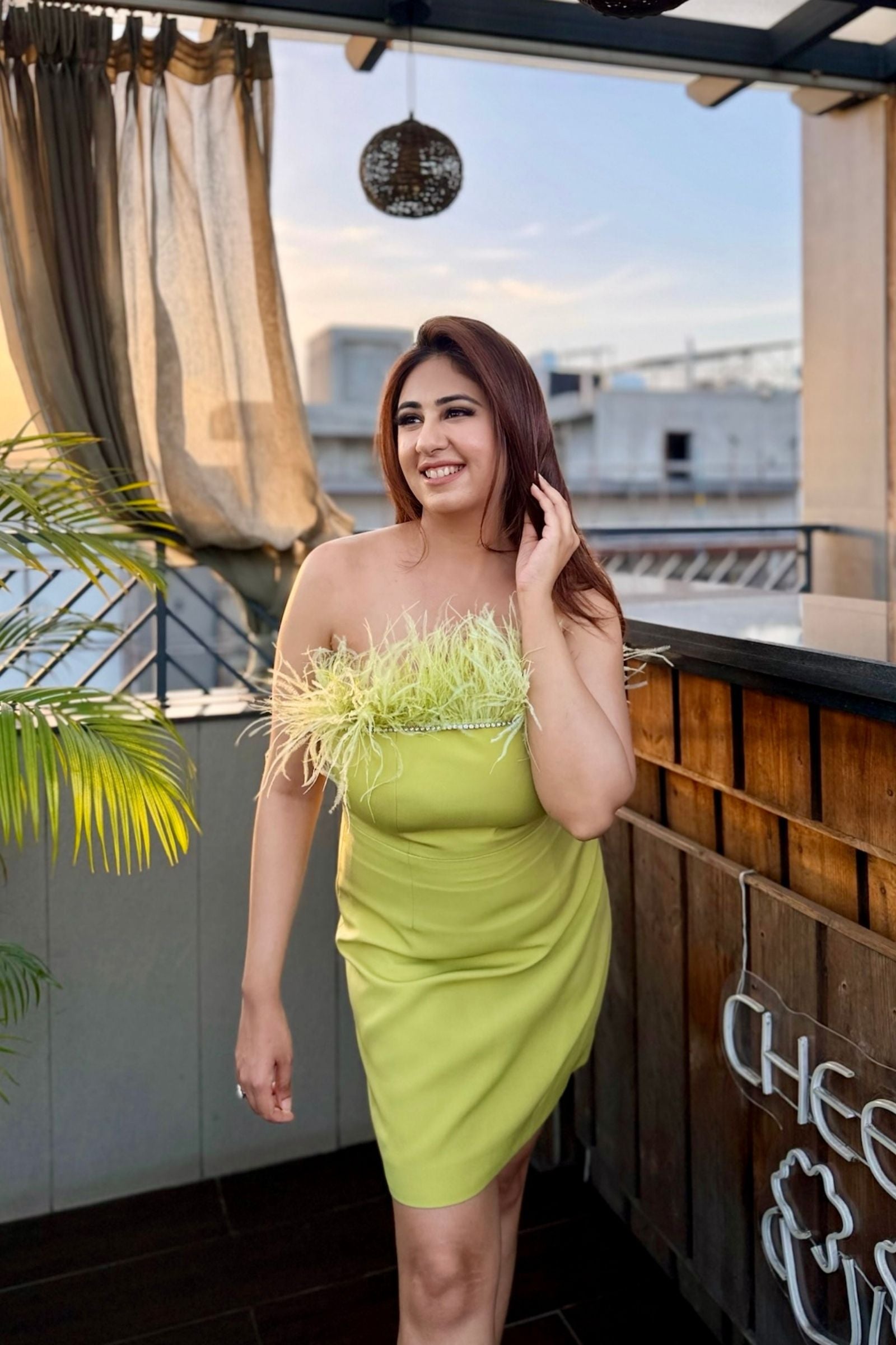 Lime Green Tube Frill Neck Short Dress
