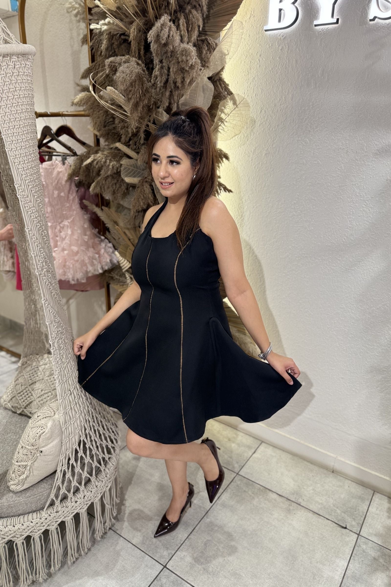 Black Gold Stitch Halter Flare Dress