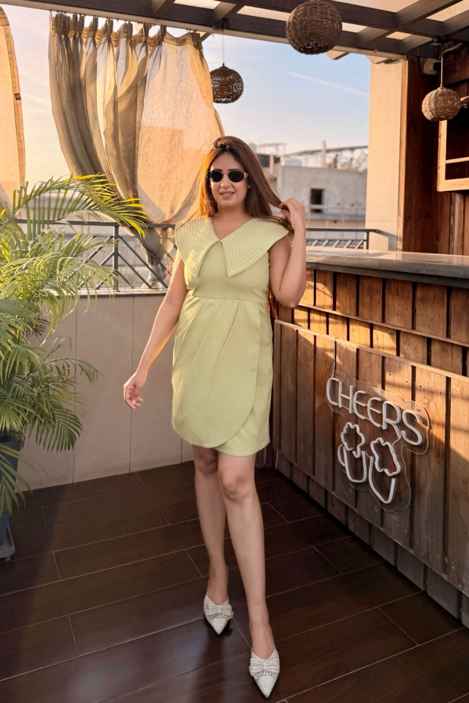 Lime Green Lapel Short Dress