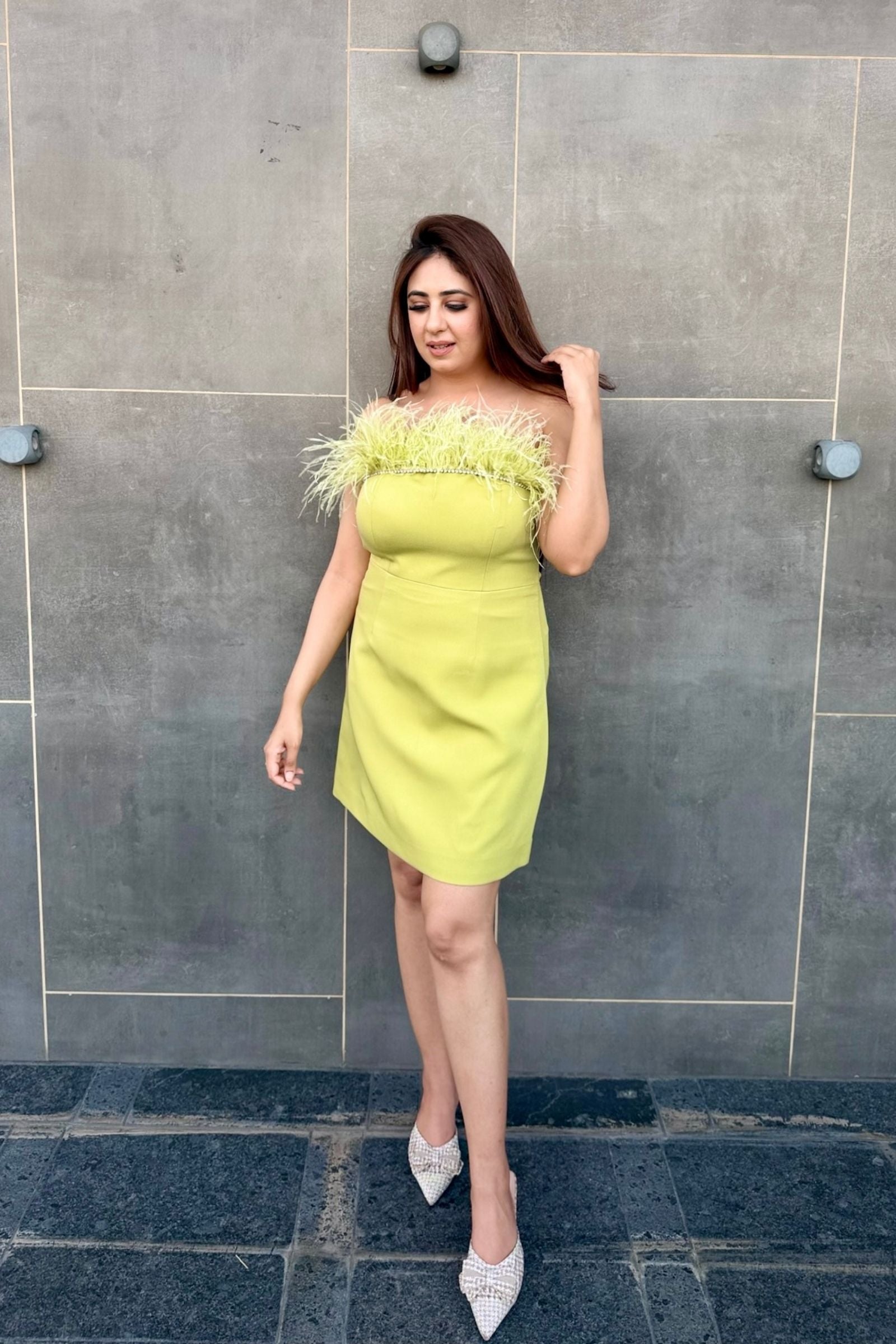 Lime Green Tube Frill Neck Short Dress