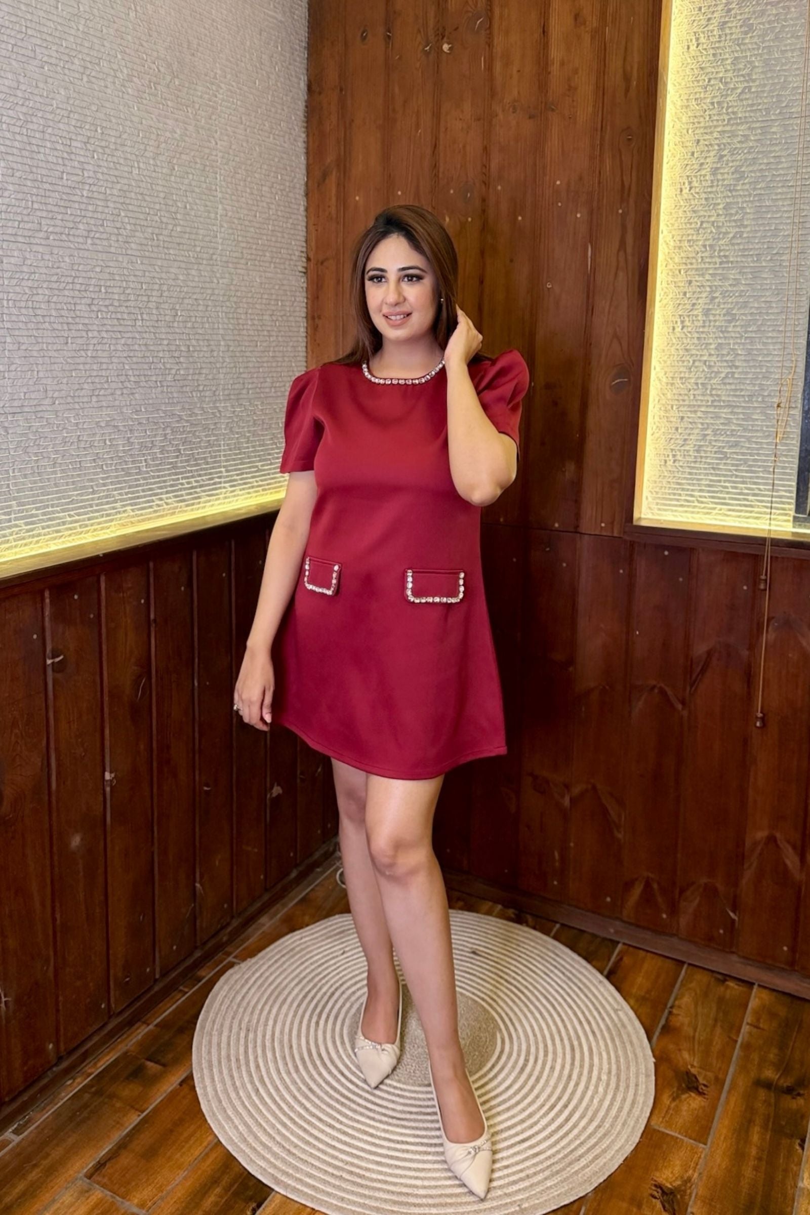 Maroon Puff Sleeve Short Dress