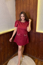 Maroon Puff Sleeve Short Dress
