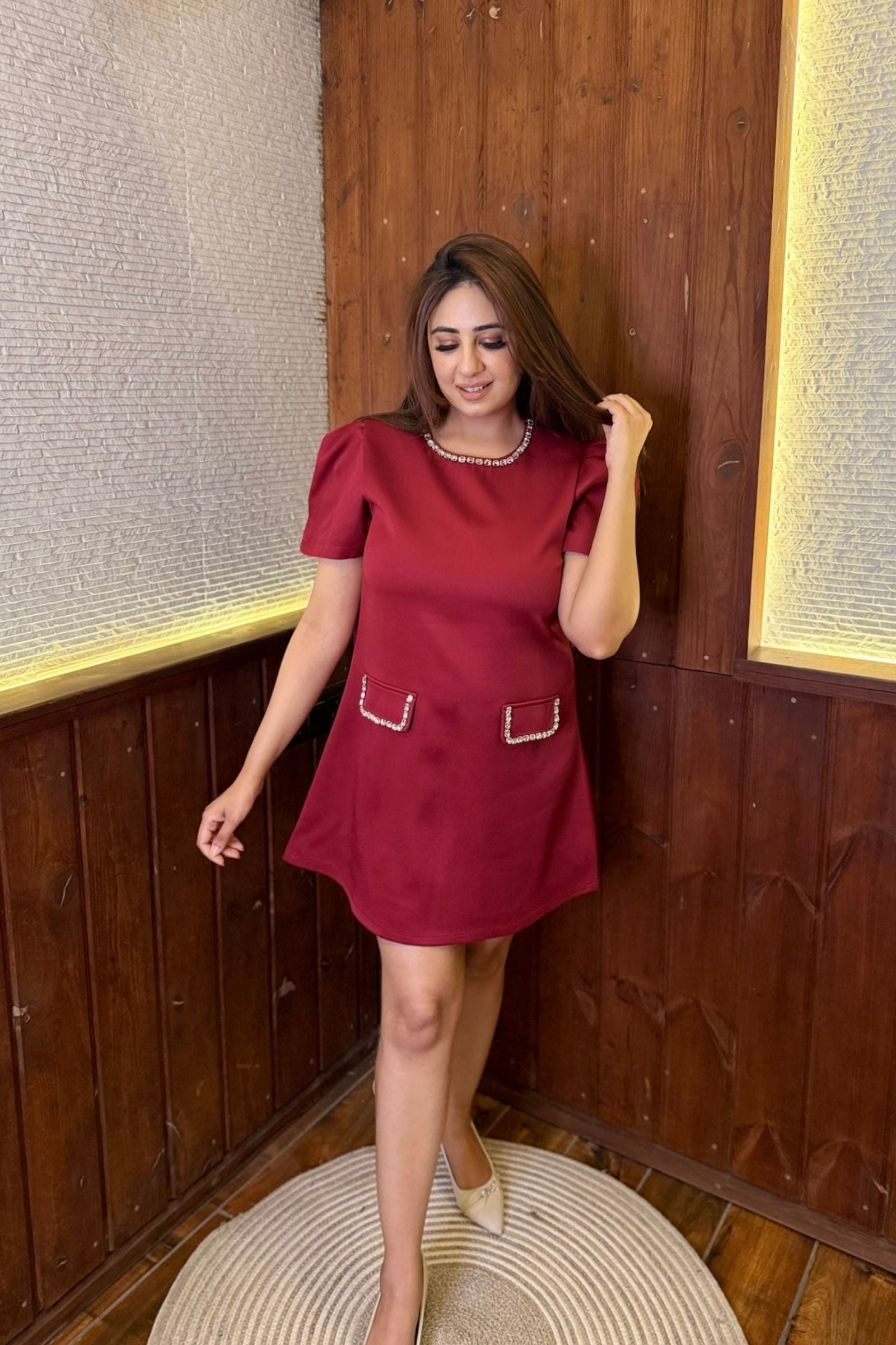 Maroon Puff Sleeve Short Dress