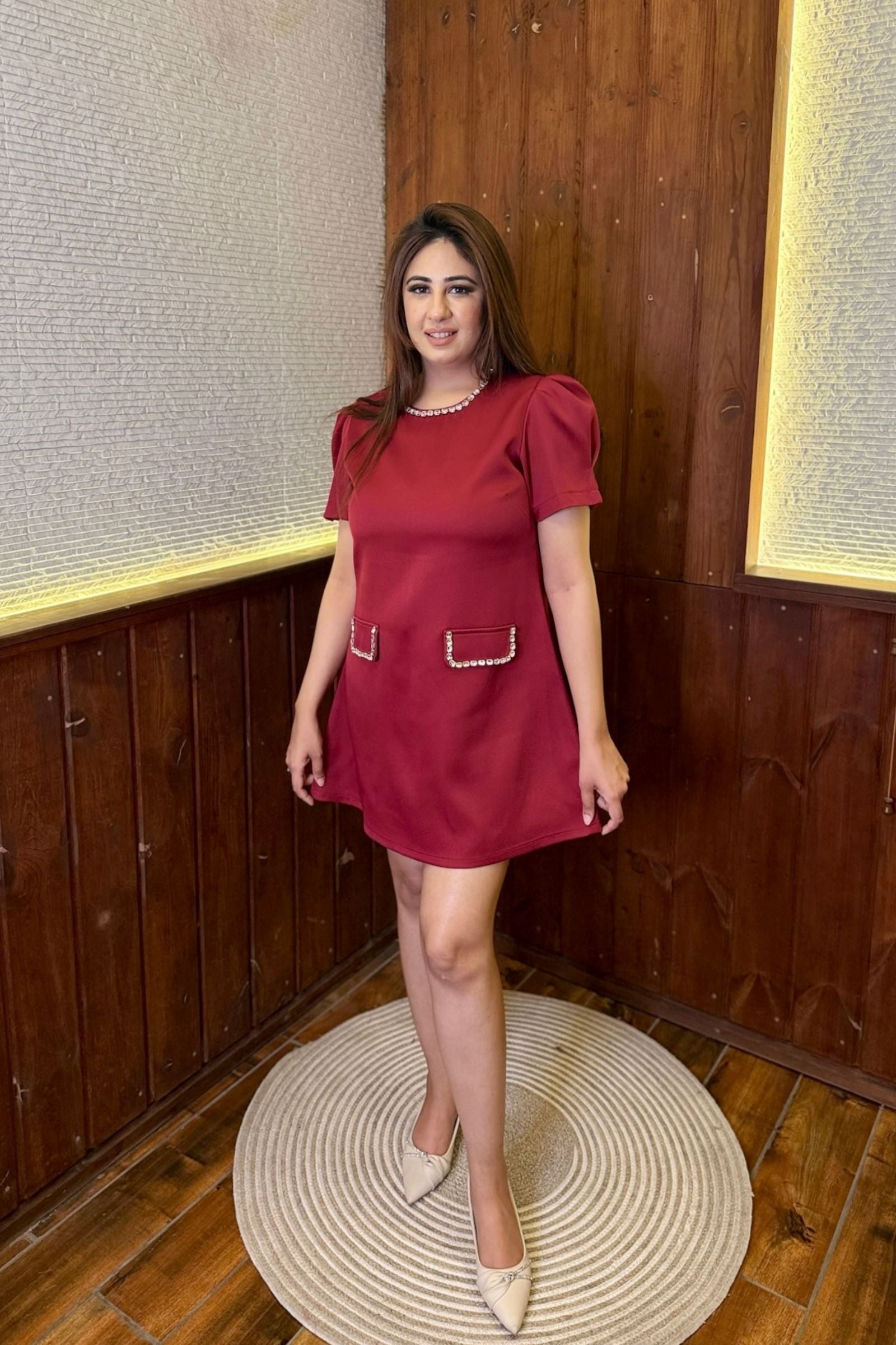 Maroon Puff Sleeve Short Dress