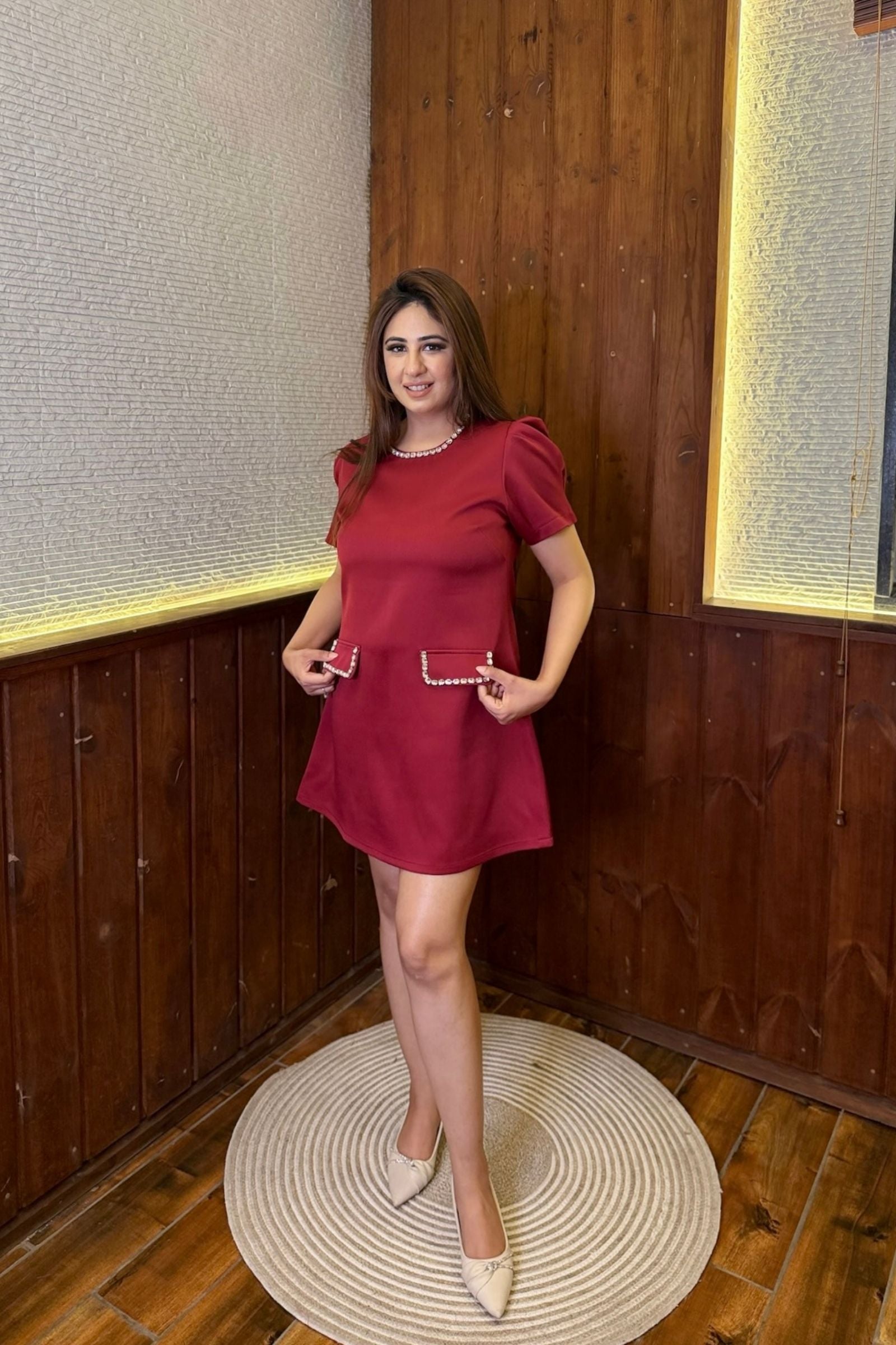 Maroon Puff Sleeve Short Dress