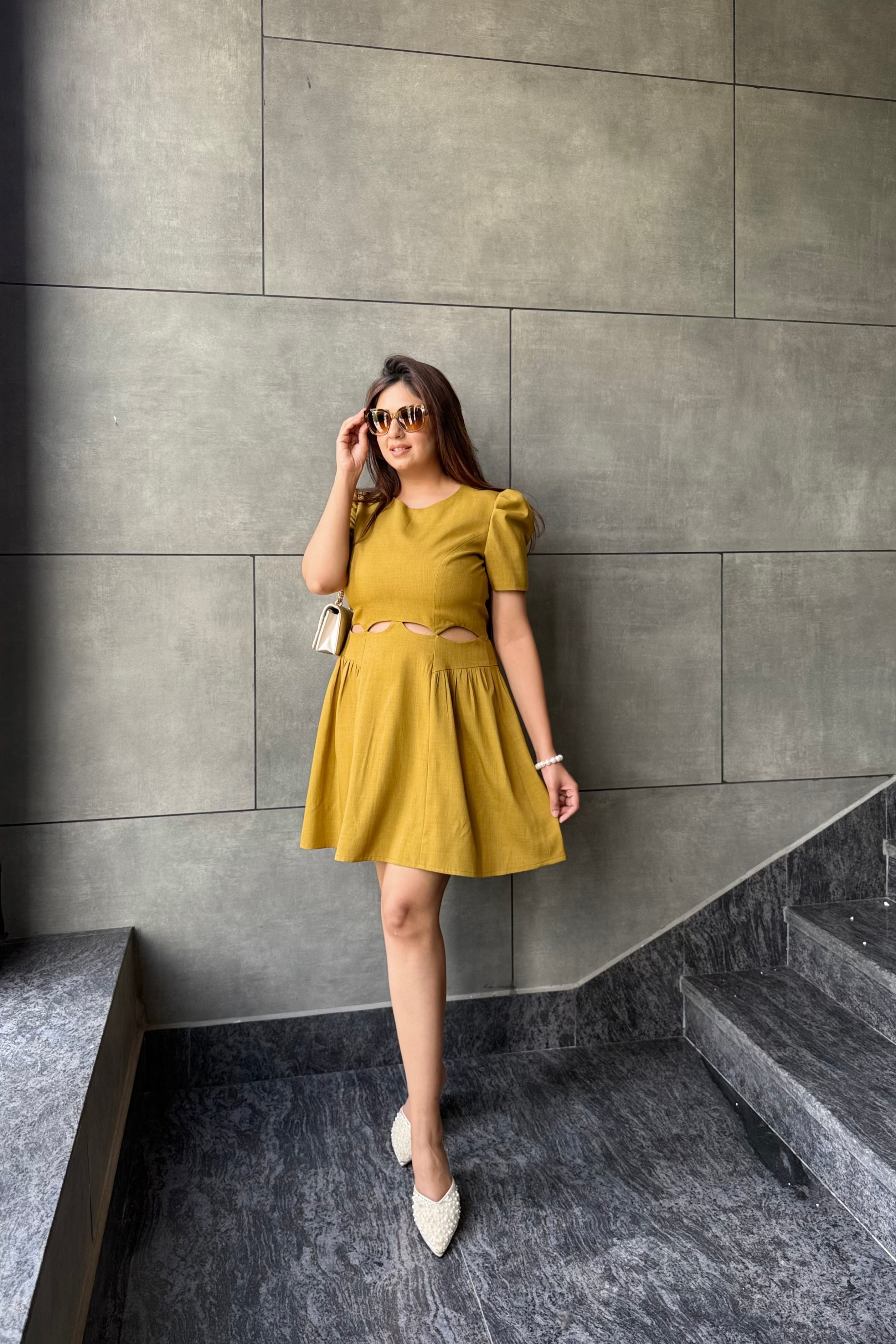 Mustard Cutout Flare Short Dress