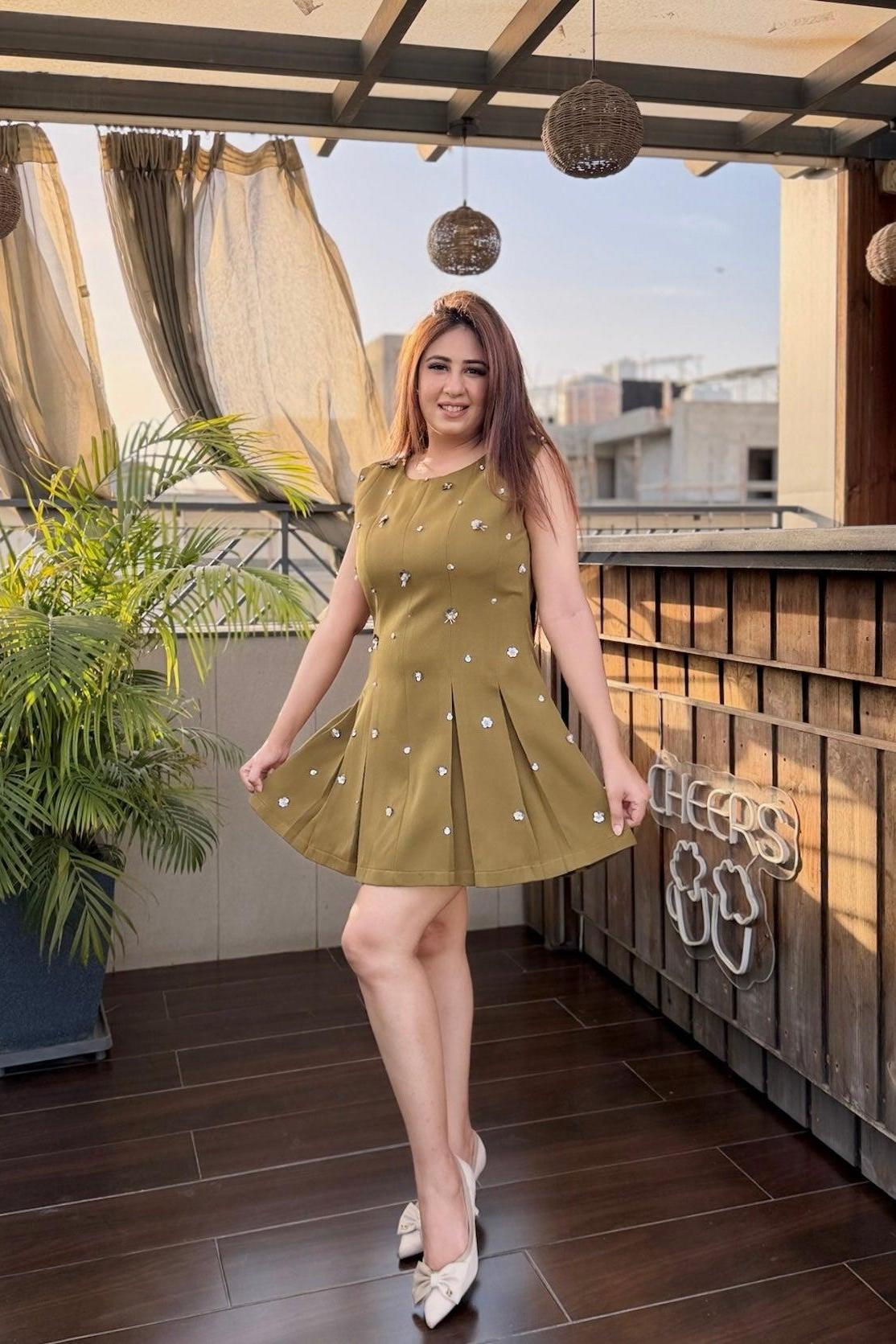 Army Green Pleated Short Dress