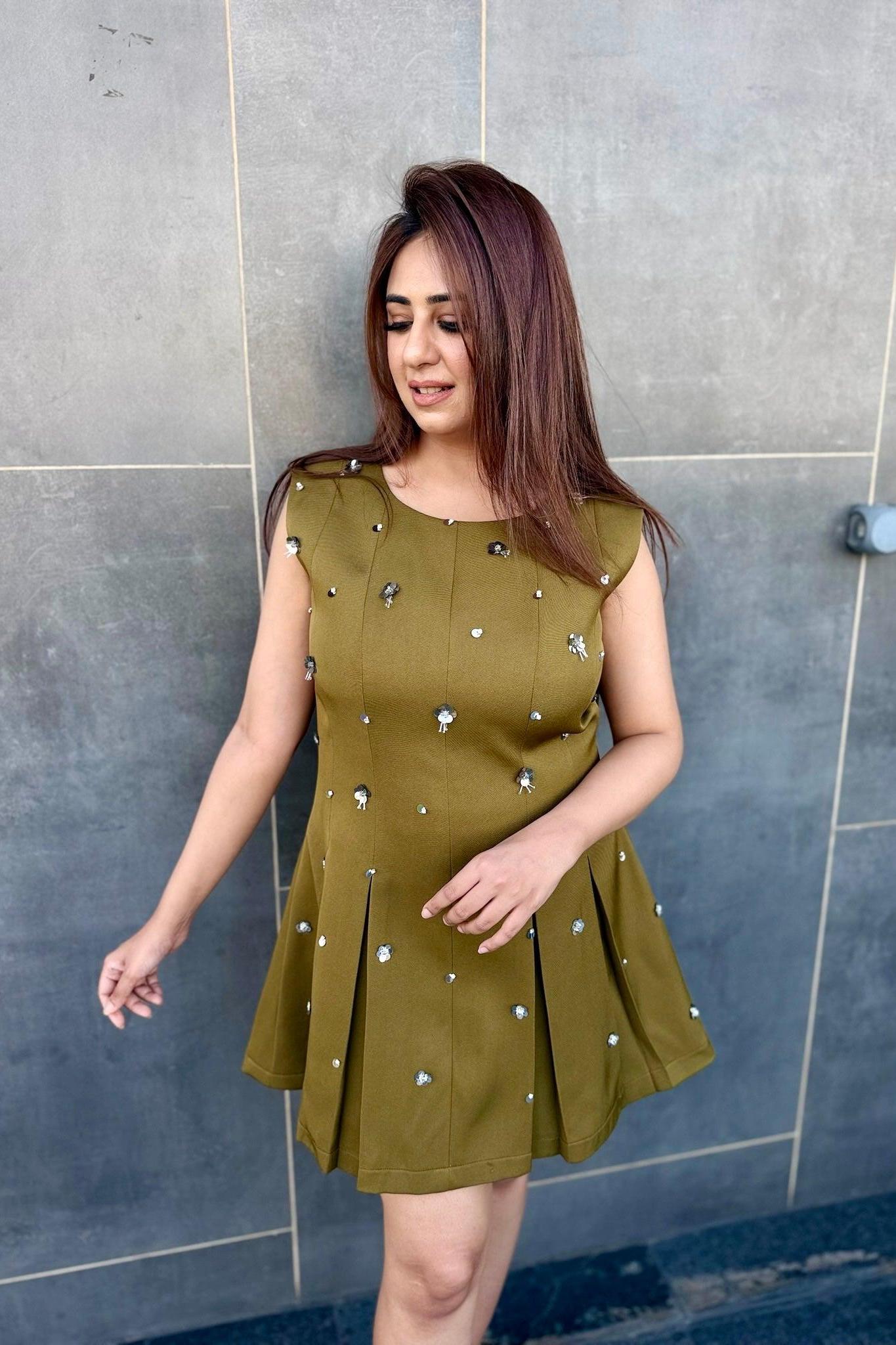 Army Green Pleated Short Dress