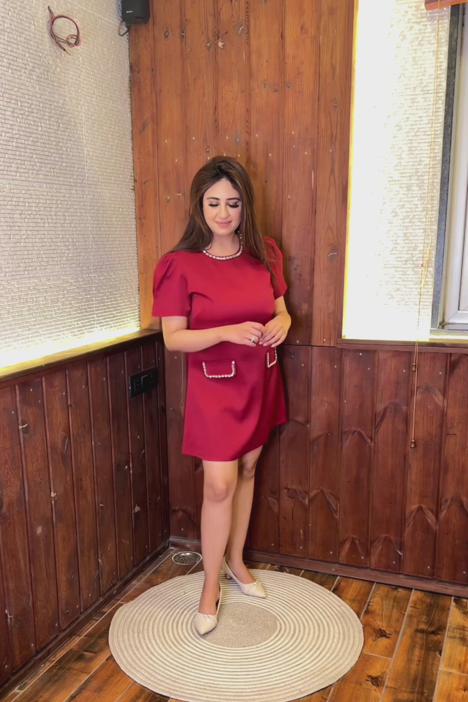 Maroon Puff Sleeve Short Dress