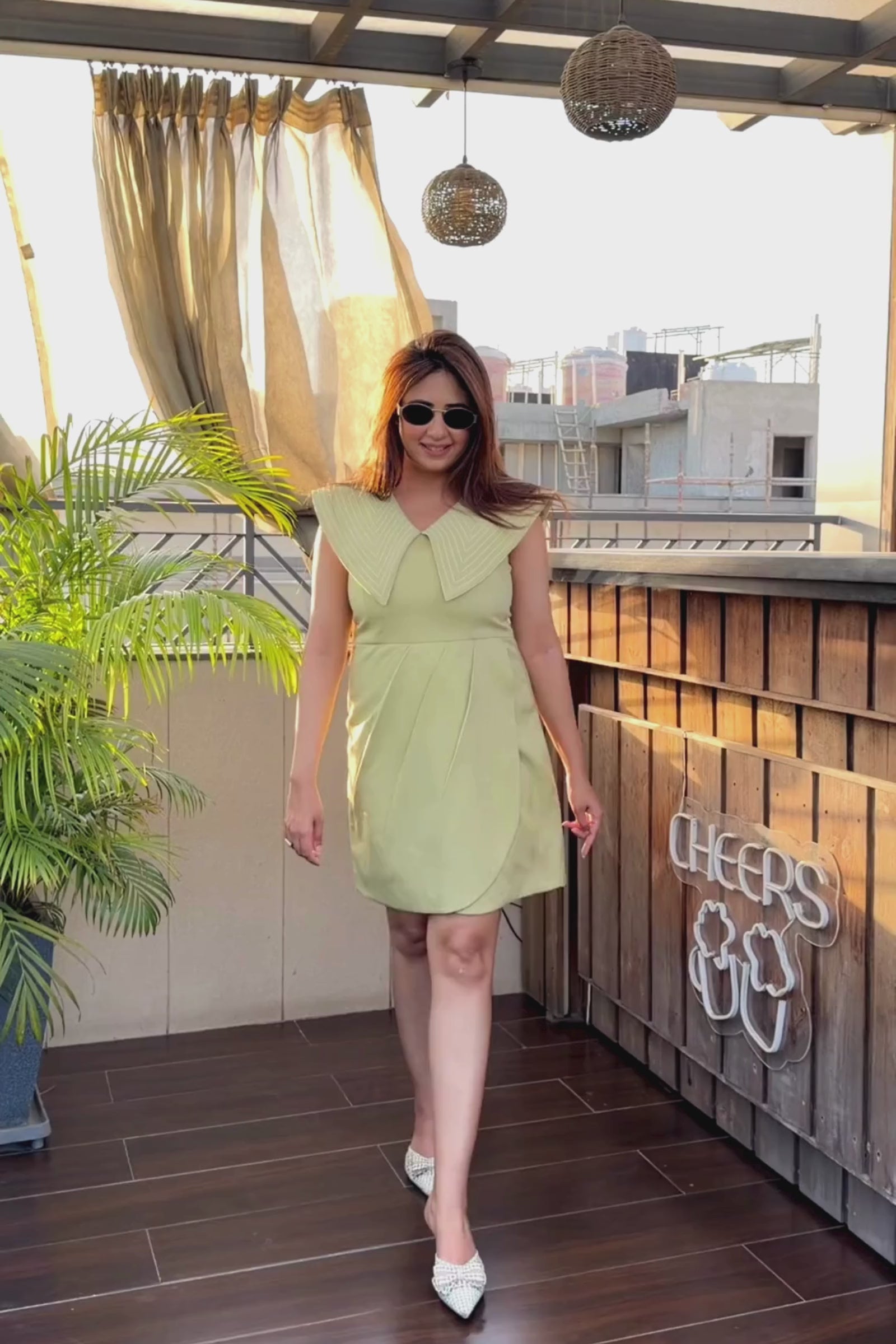 Lime Green Lapel Short Dress