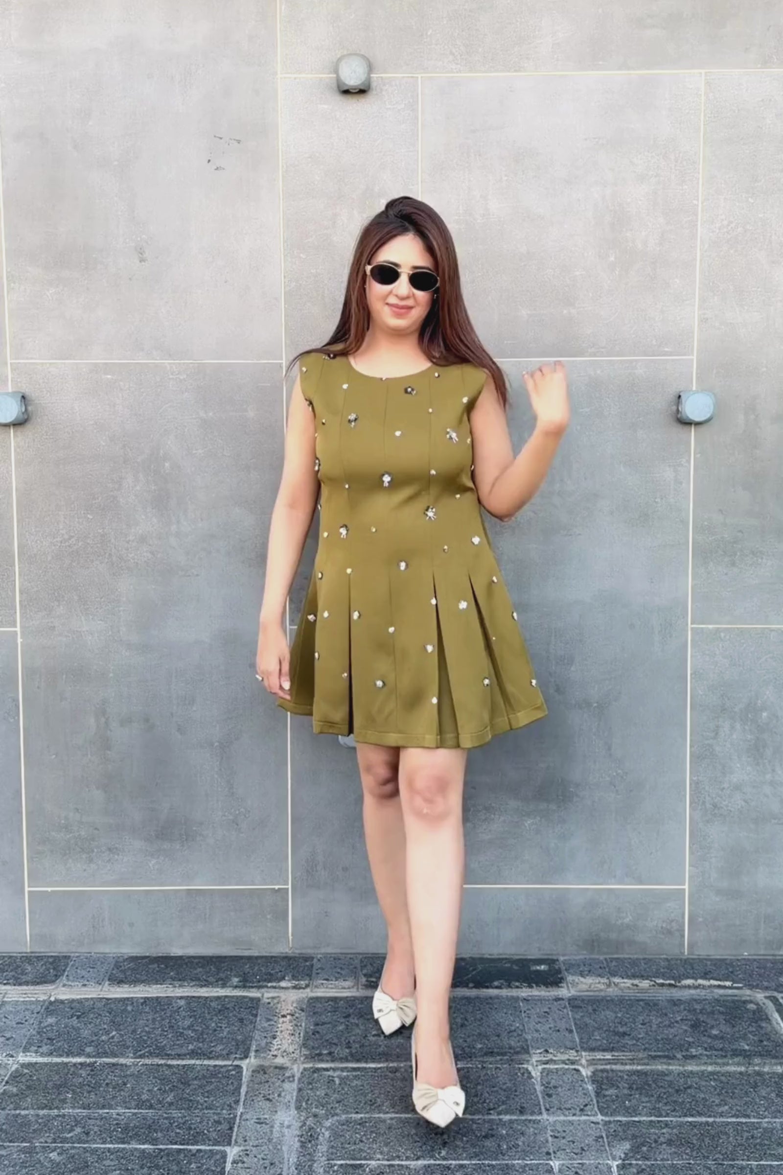 Army Green Pleated Short Dress