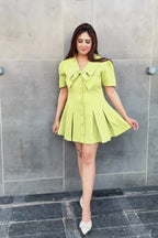 Lime Green Bow Detail Pleated Short Dress