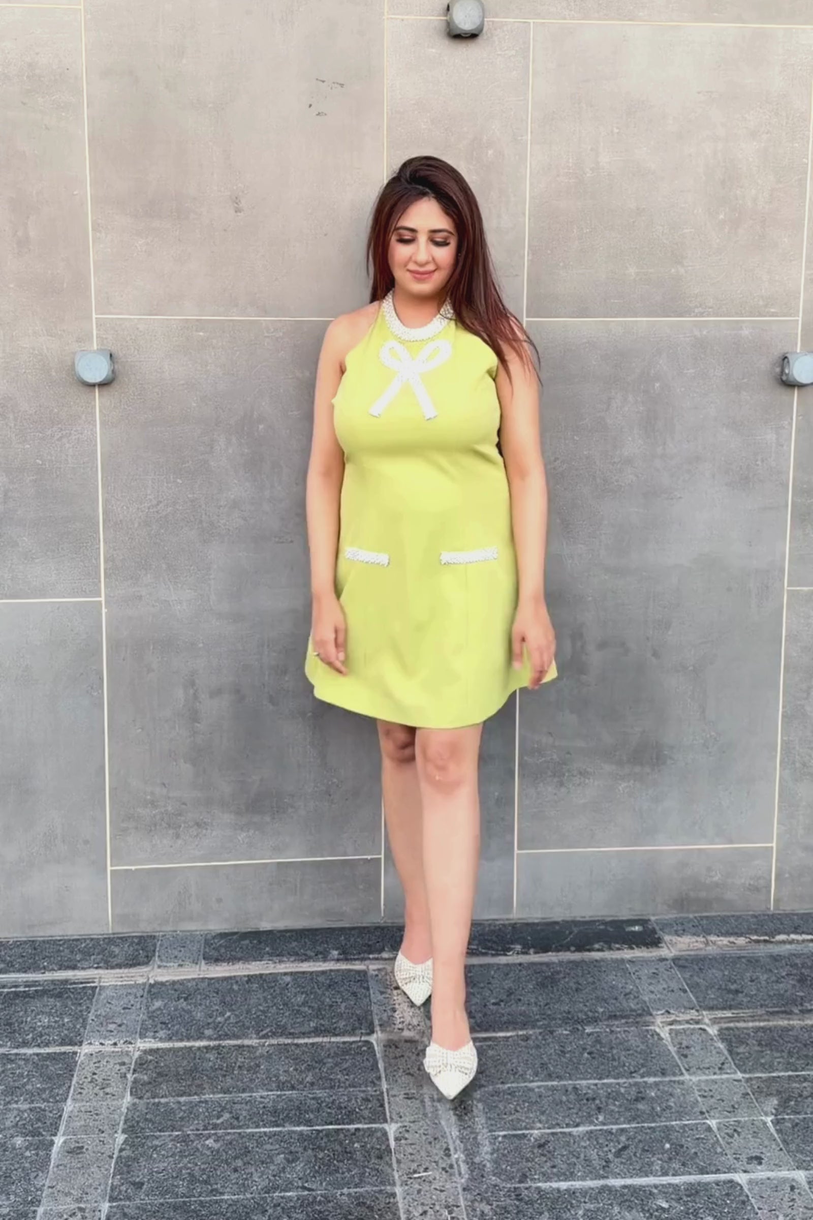 Lime Green Pearl Detail Short Dress